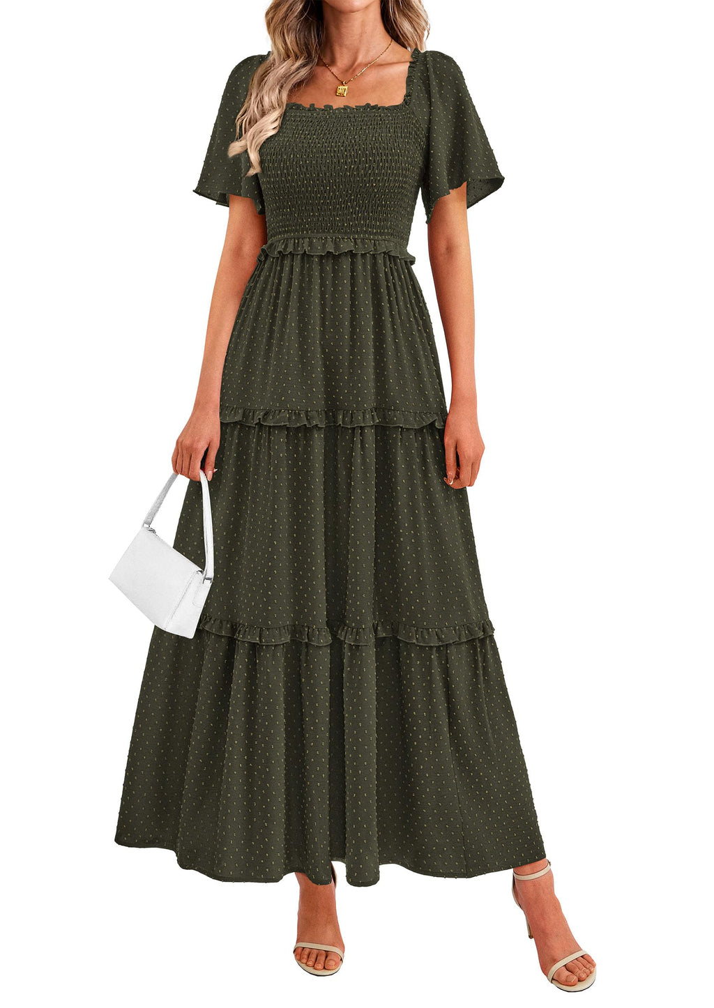PRETTYGARDEN Summer Dresses for Women Boho Swiss Dot Smocked Square Neck Short Sleeve Spring Wedding Guest Maxi Dress