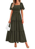 PRETTYGARDEN Summer Dresses for Women Boho Swiss Dot Smocked Square Neck Short Sleeve Spring Wedding Guest Maxi Dress