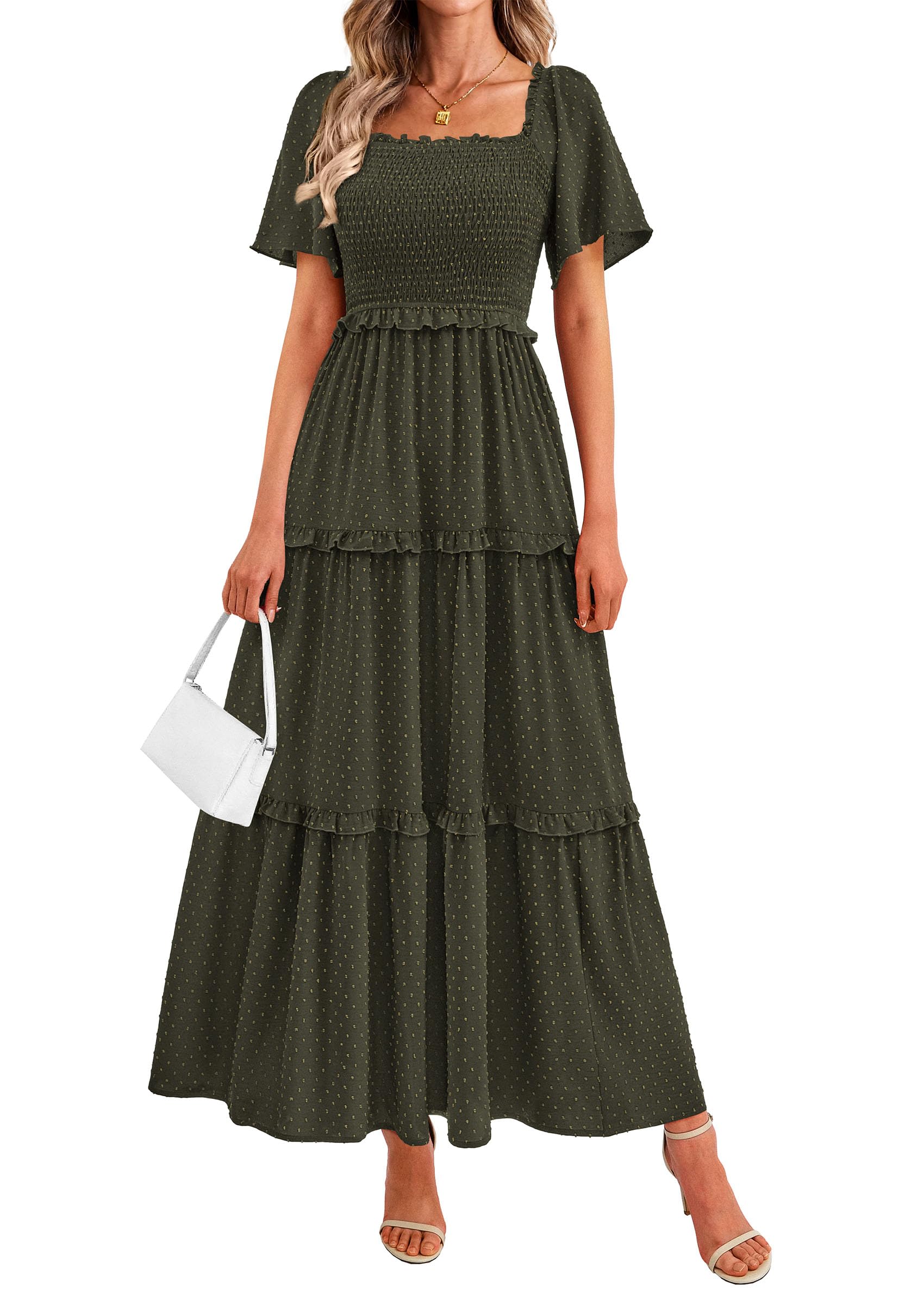 PRETTYGARDEN Summer Dresses for Women Boho Swiss Dot Smocked Square Neck Short Sleeve Spring Wedding Guest Maxi Dress