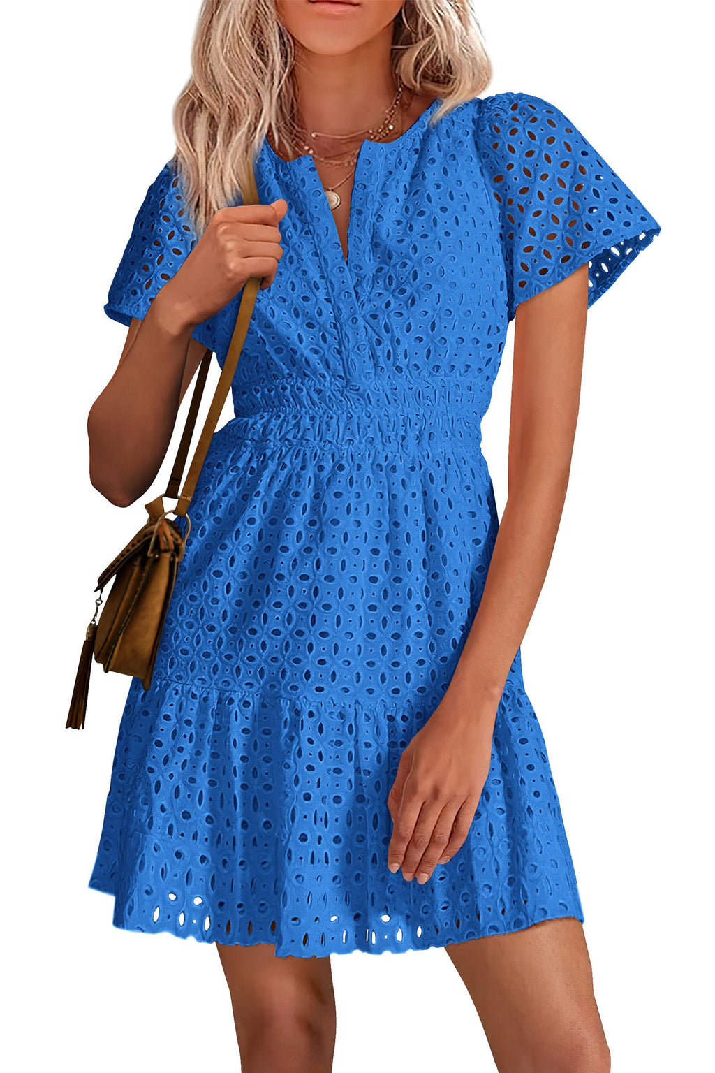 PRETTYGARDEN Womens Summer Short Dress V Neck Short Sleeve A Line Hollow Out Lace Ruffle Cute Casual Beach Party Dresses