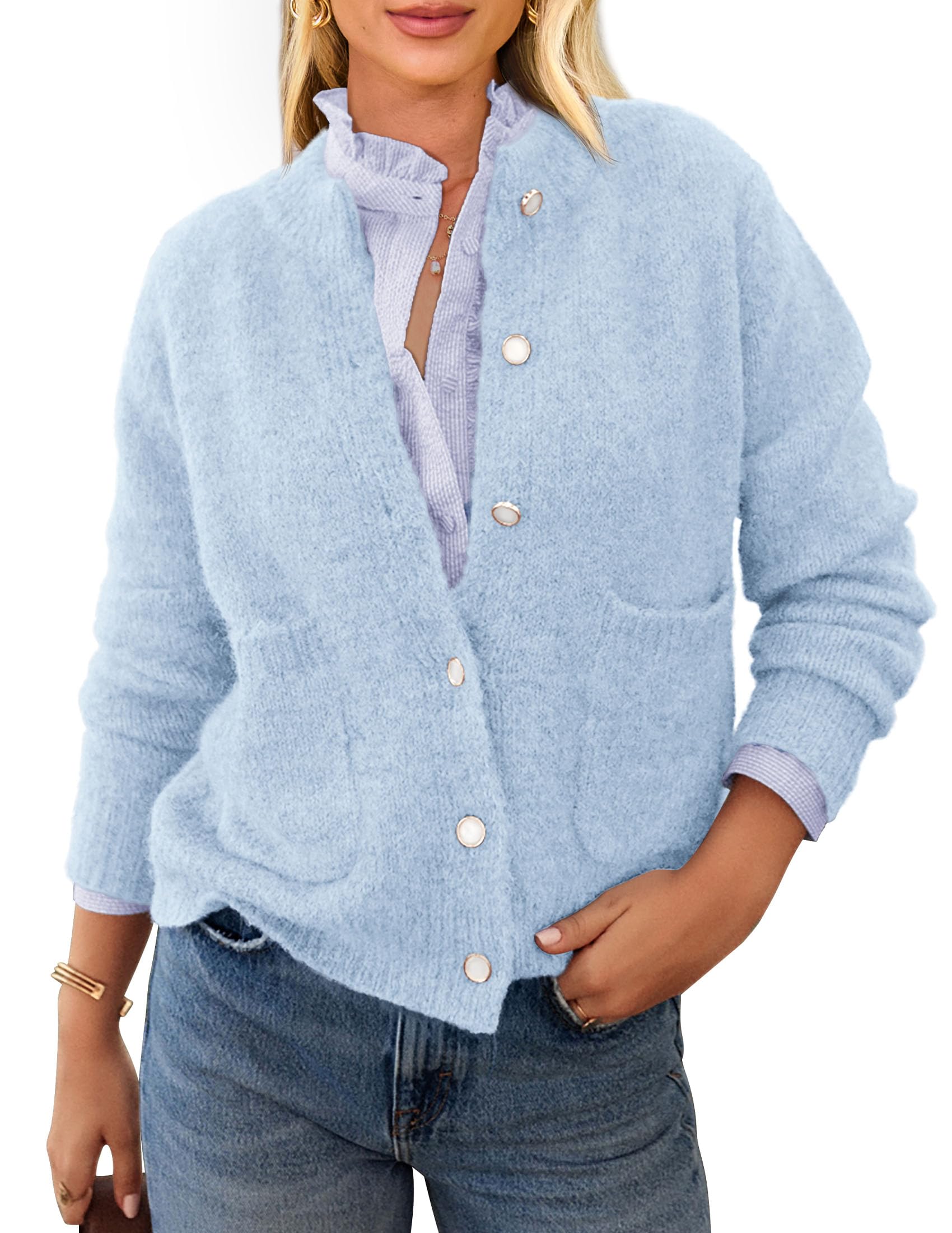 PRETTYGARDEN Women's Knit Cardigan Sweaters Casual Long Sleeve Open Front Button Up Ribbed Fall Spring Sweater Jackets