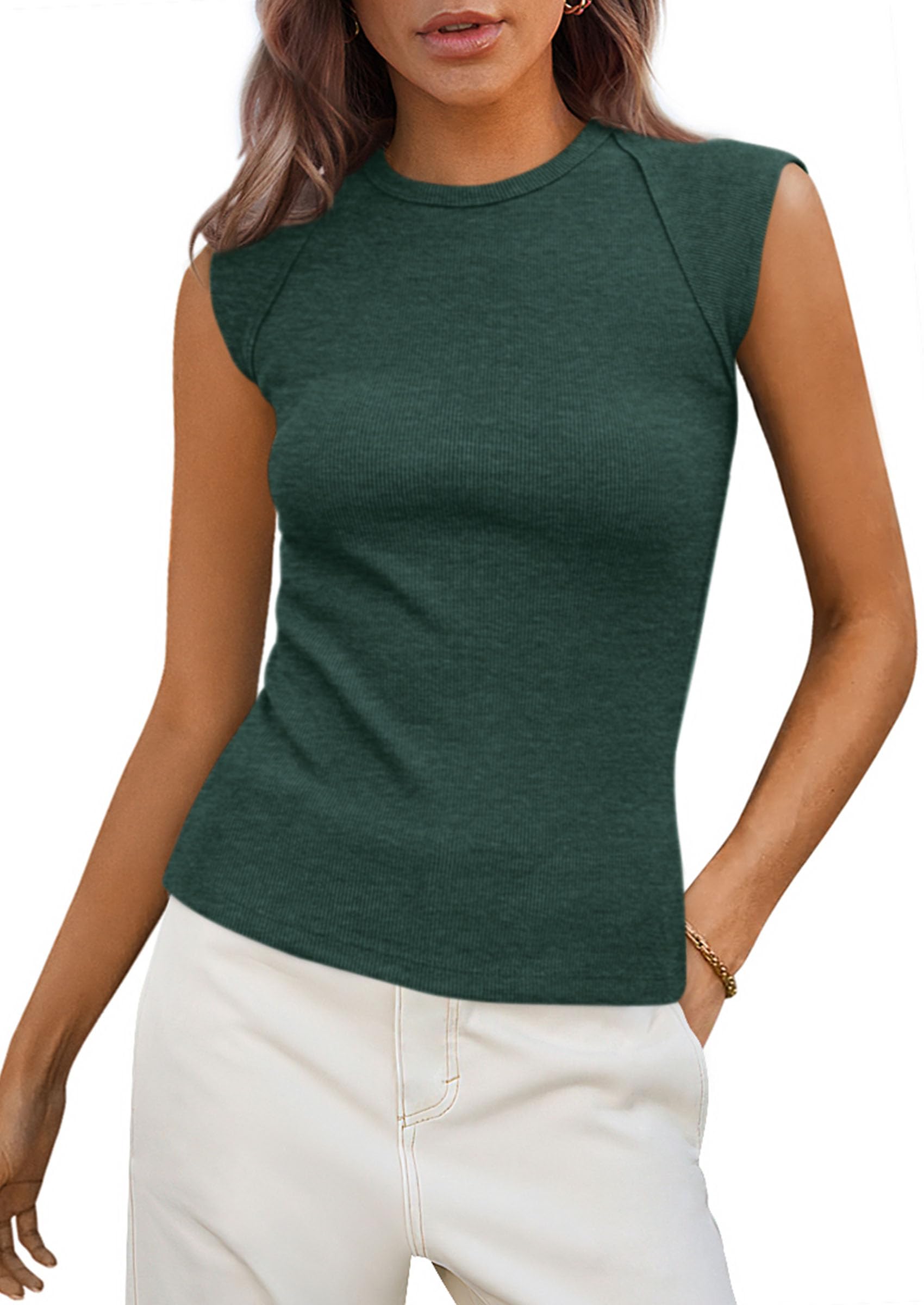 PRETTYGARDEN Women's Ribbed Tank Tops Summer Cap Sleeve Slim Fitted Knit Basic Casual Tee Shirts Trendy Fashion Clothes