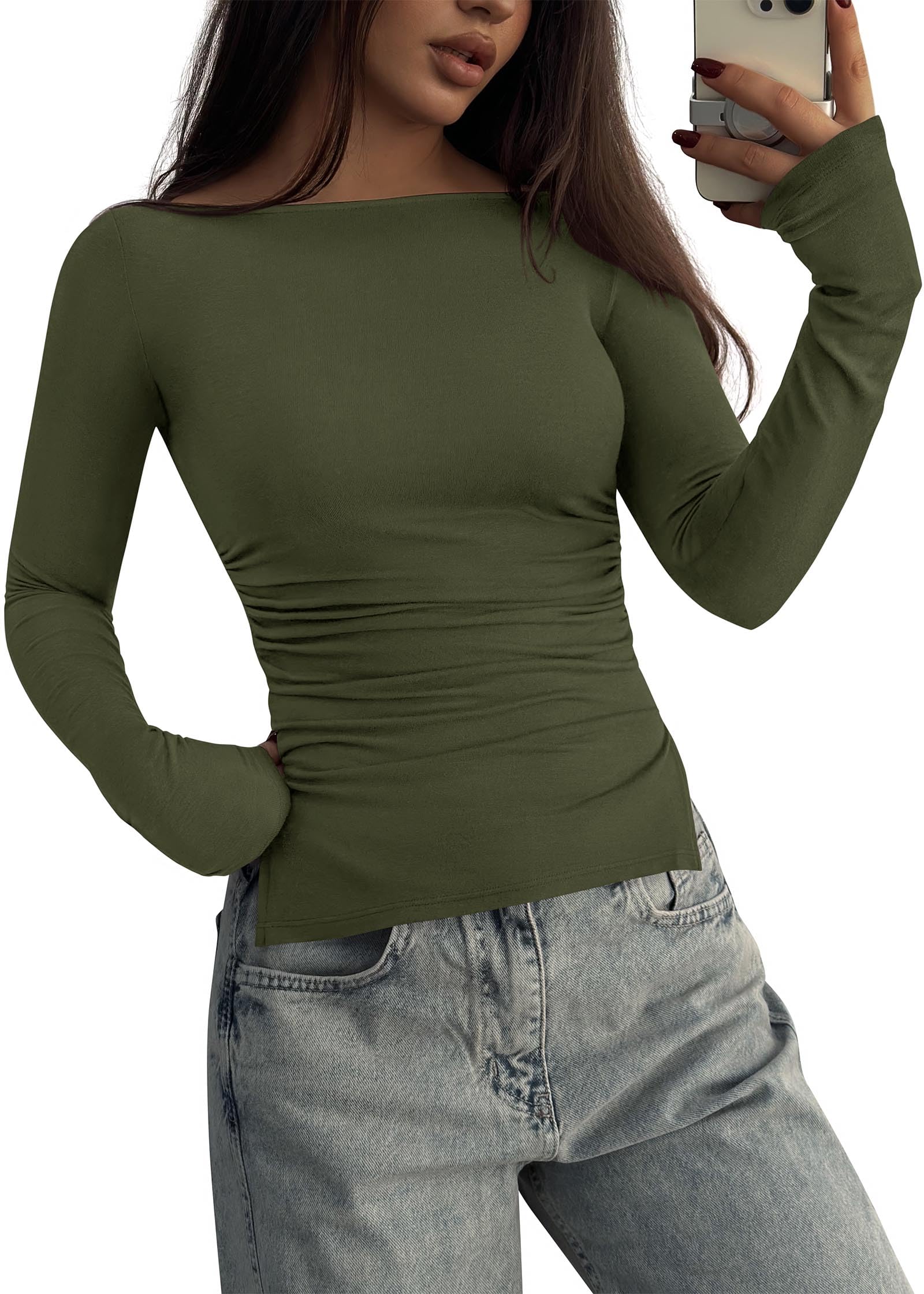 FreshPretty Long Sleeve Shirts for Women Fall Casual Boat Neck Knit Workout Going Out Tops Fitted Side Slit Basic Tees