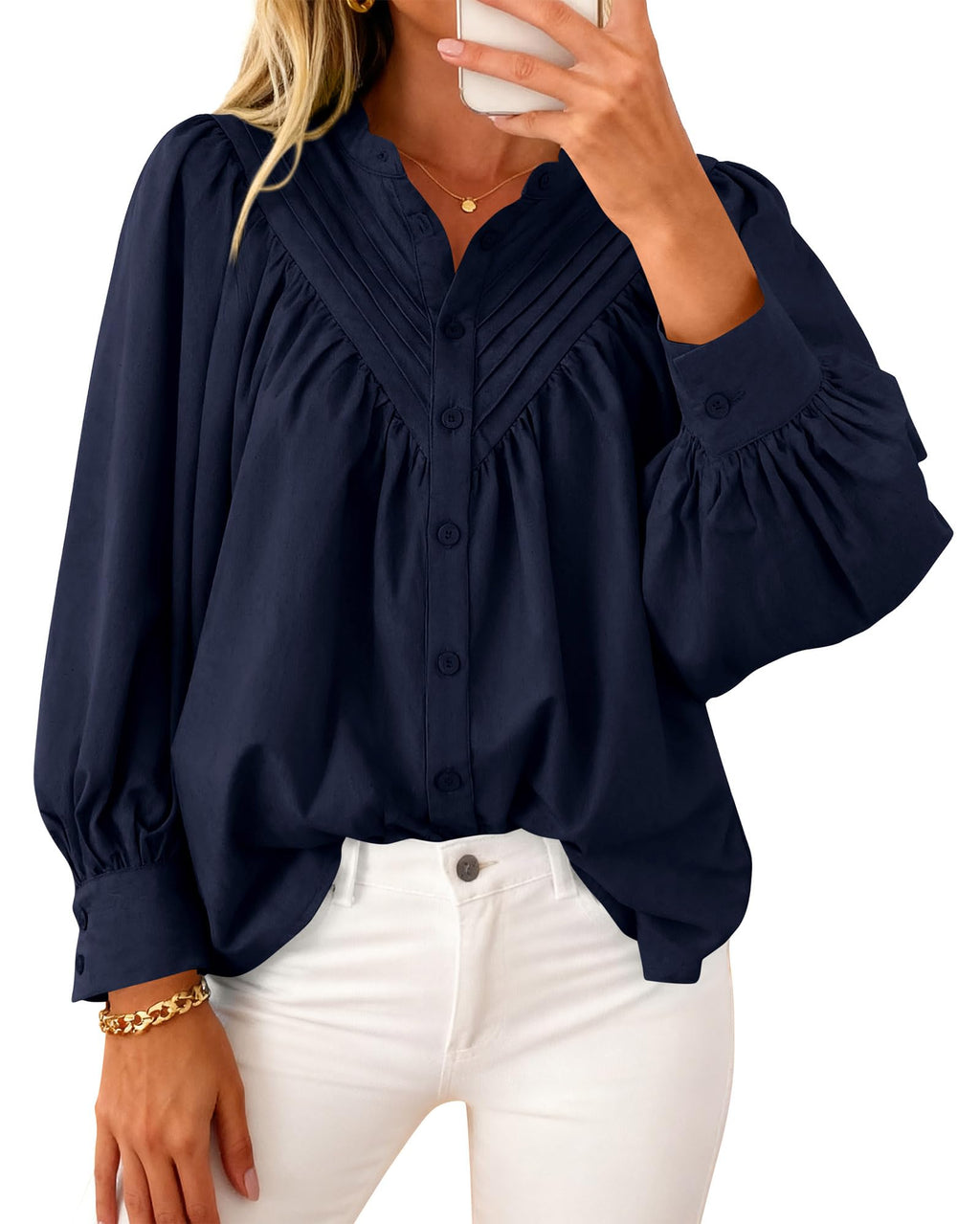 FreshPretty Blouses for Women Dressy Casual Fashion Clothing Long Sleeve Shirts Loose Fit Button Down Pleated Boho Going Out Tops