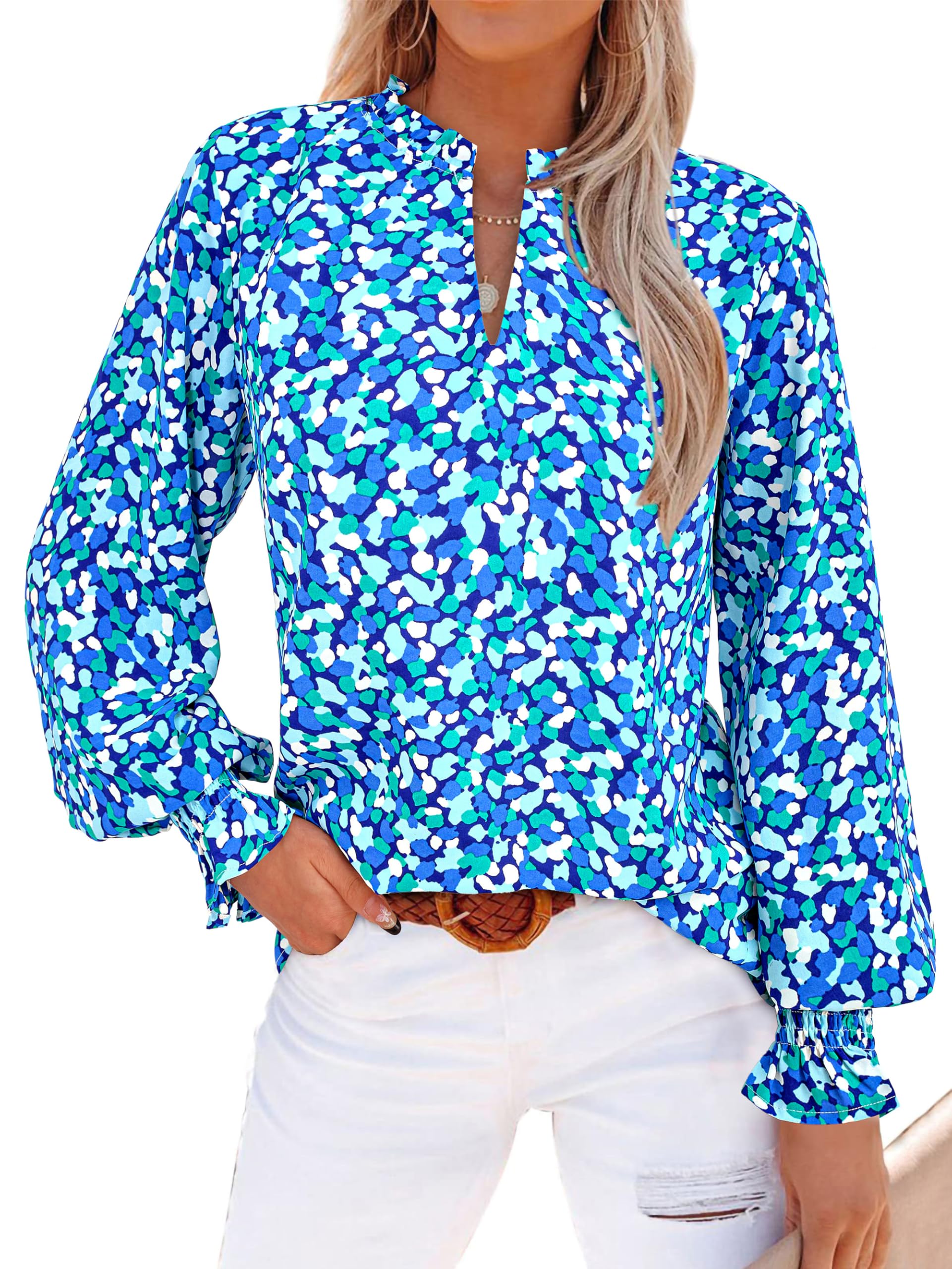 FreshPretty Womens V Neck Floral Long Sleeve Tops Summer Casual Loose Puff Sleeve Chiffon Boho Work Blouse Dressy T Shirts