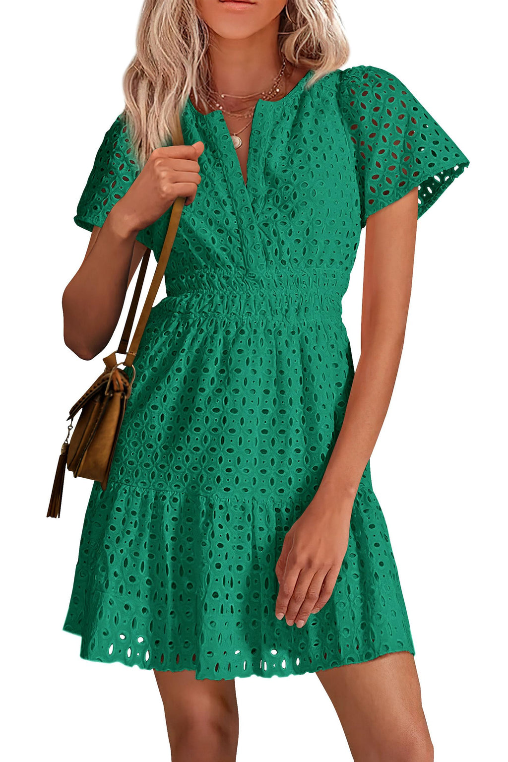 PRETTYGARDEN Womens Summer Short Dress V Neck Short Sleeve A Line Hollow Out Lace Ruffle Cute Casual Beach Party Dresses