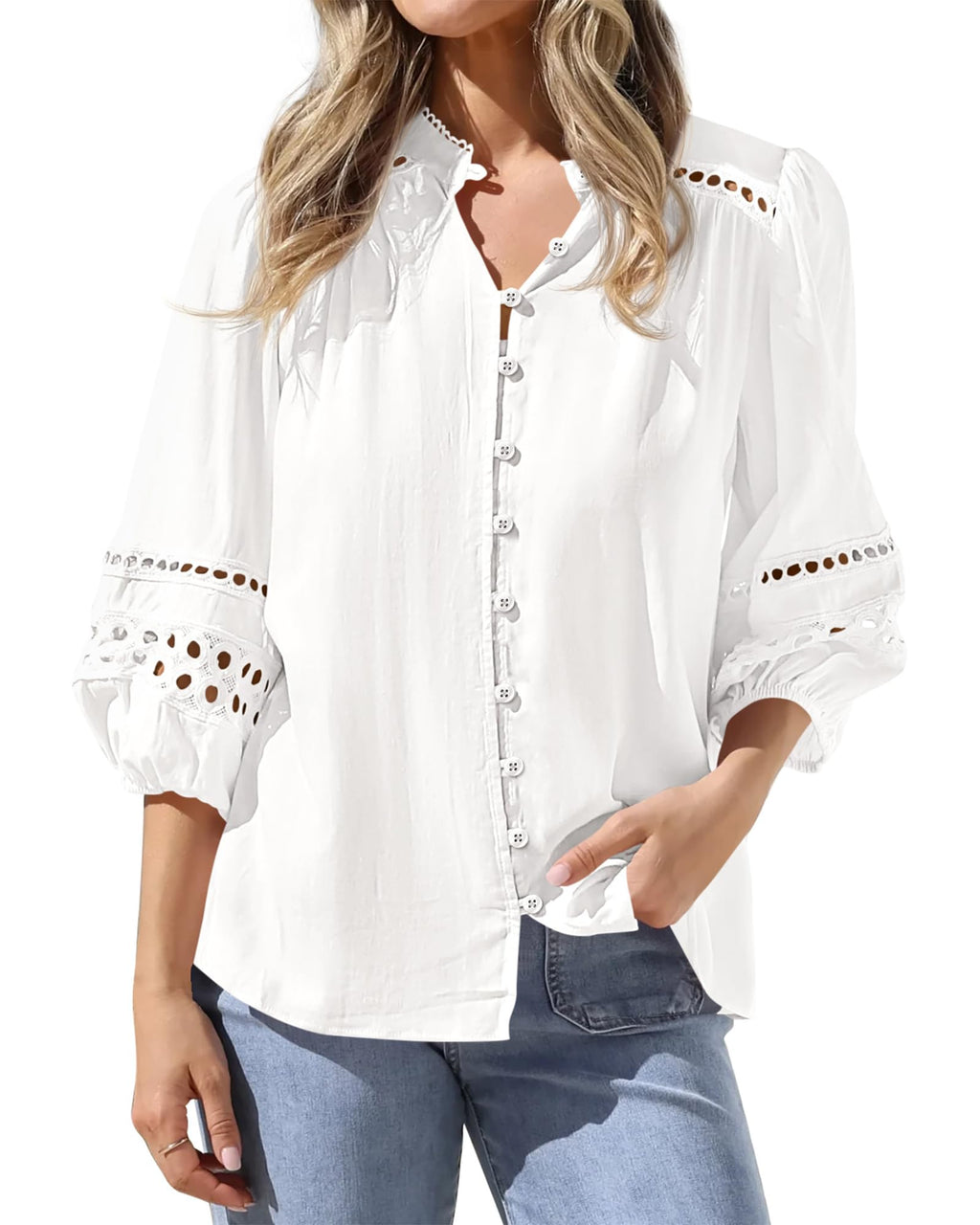 BTFBM 3/4 Length Sleeve Womens Tops Summer Blouses Eyelet Hollow Out Button Down Shirts Business Casual Outfits