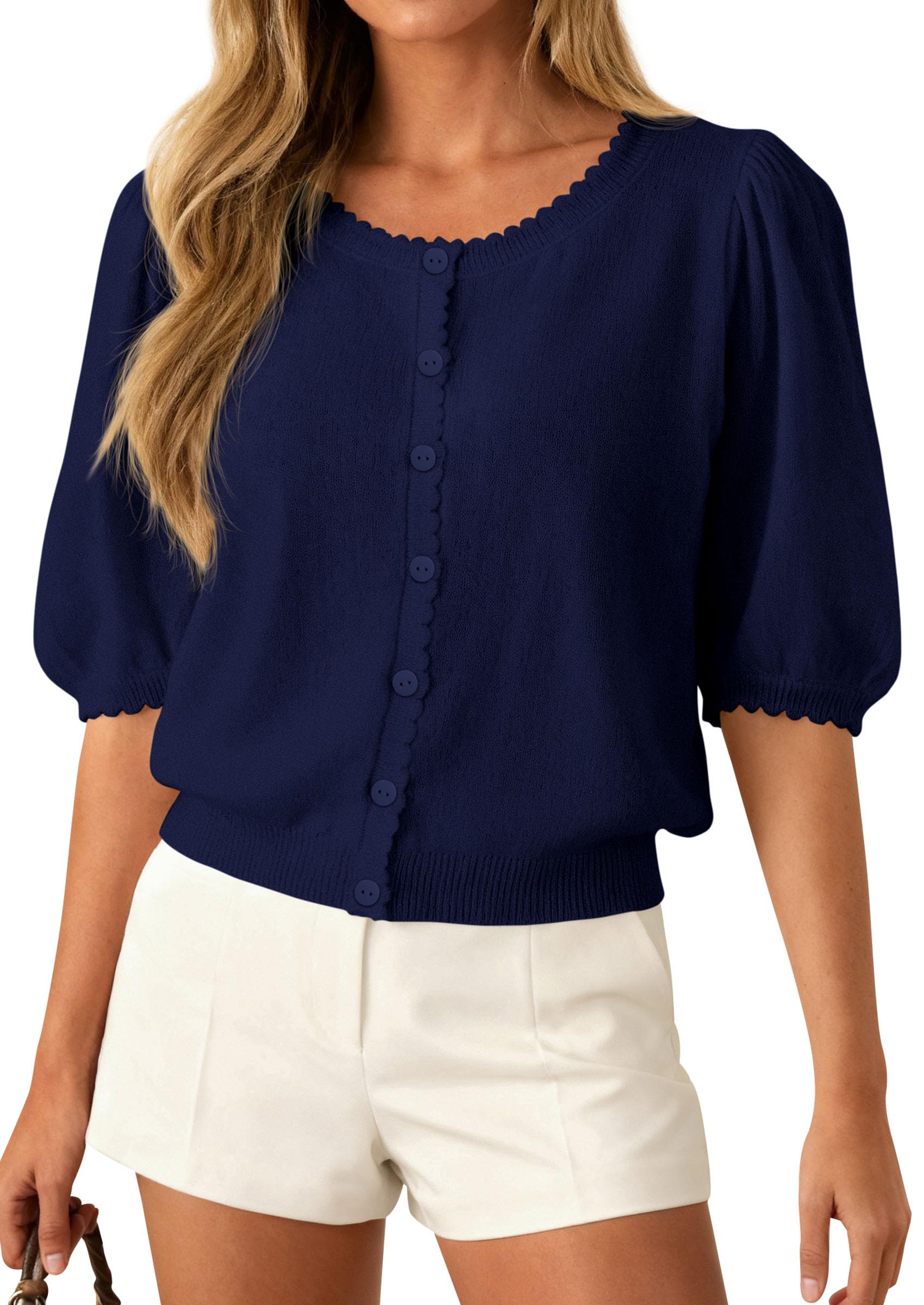 PRETTYGARDEN Puff Short Sleeve Cardigans for Women Lightweight Summer Shirts Button Up Knit Sweater Tops Spring Clothes