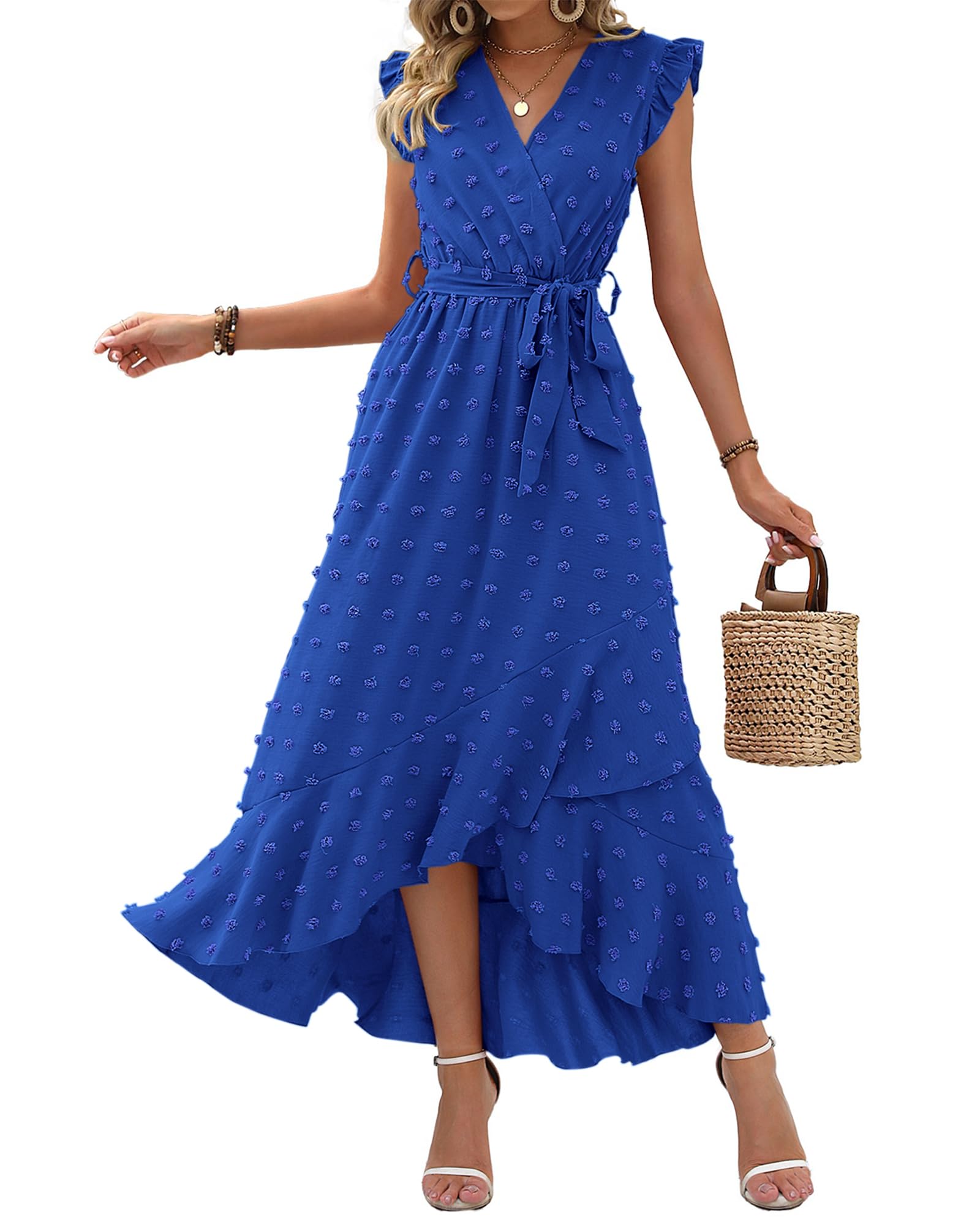 BTFBM Boho Dresses for Women Spring Fashion Cap Sleeve Swiss Dot Flowy Ruffle Beach Wedding Cocktail Maxi Dress
