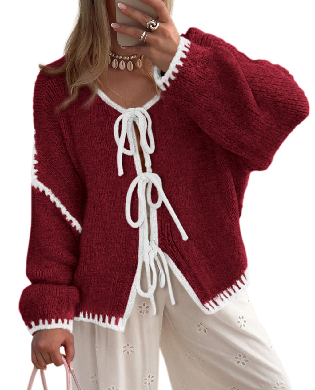 PRETTYGARDEN Women's Tie Front Bow Cardigan Sweaters Chunky Knit Long Puff Sleeve Trendy Fall Winter Jacket Coat