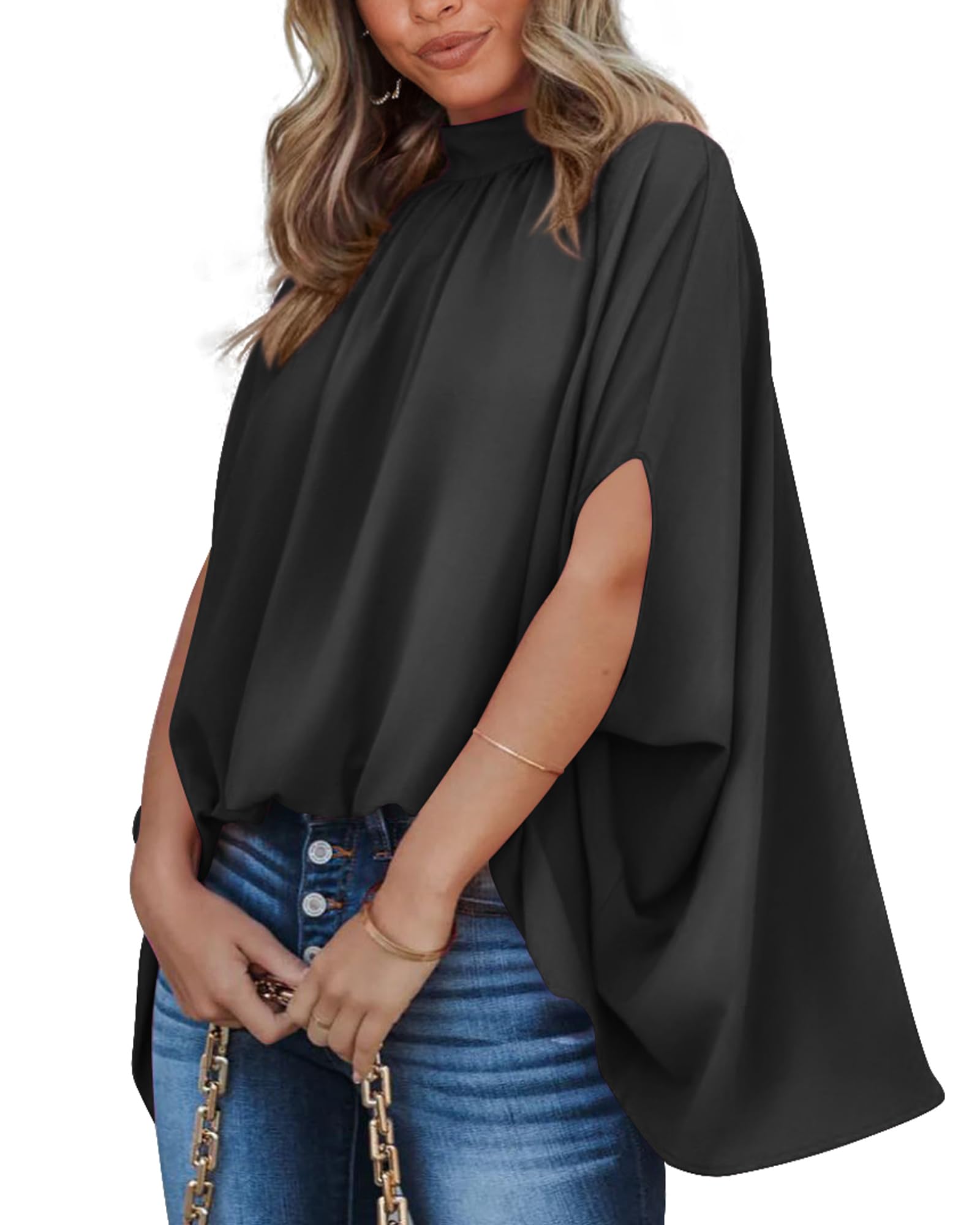 FreshPretty Womens Summer Tops Fall Mock Neck Batwing Sleeve Shirts Loose High Low Hem Oversized Dressy Casual Blouses