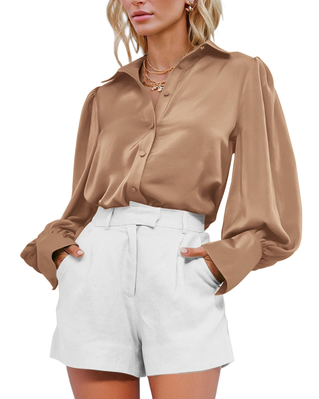 BTFBM Women Satin Blouses Summer Fall Clothes Button Down Lantern Long Sleeve Shirts Work Business Casual Dressy Tops