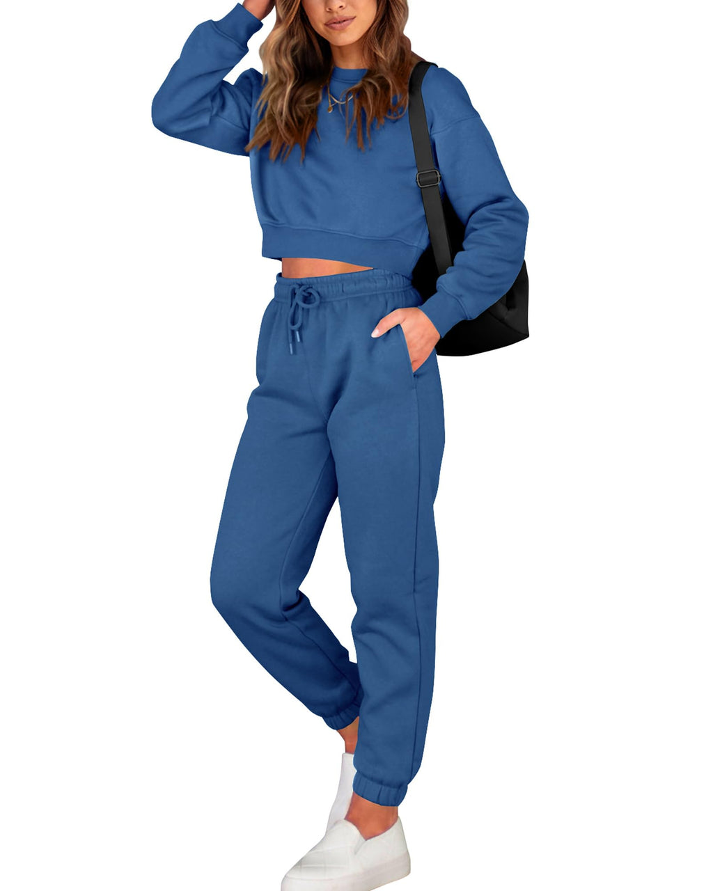 BTFBM Women 2 Piece Outfits Long Sleeve Crop Top Pullover Drawstring Pant Jogger Set Casual Sweatsuits Tracksuit Pockets