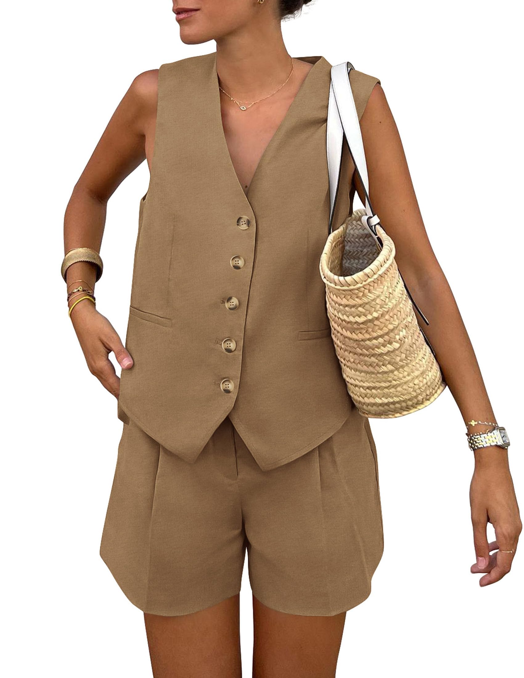 PRETTYGARDEN Women's Summer 2 Piece Outfits Sleeveless Matching Sets Button Down V Neck Vest Waistcoat and Pockets Shorts