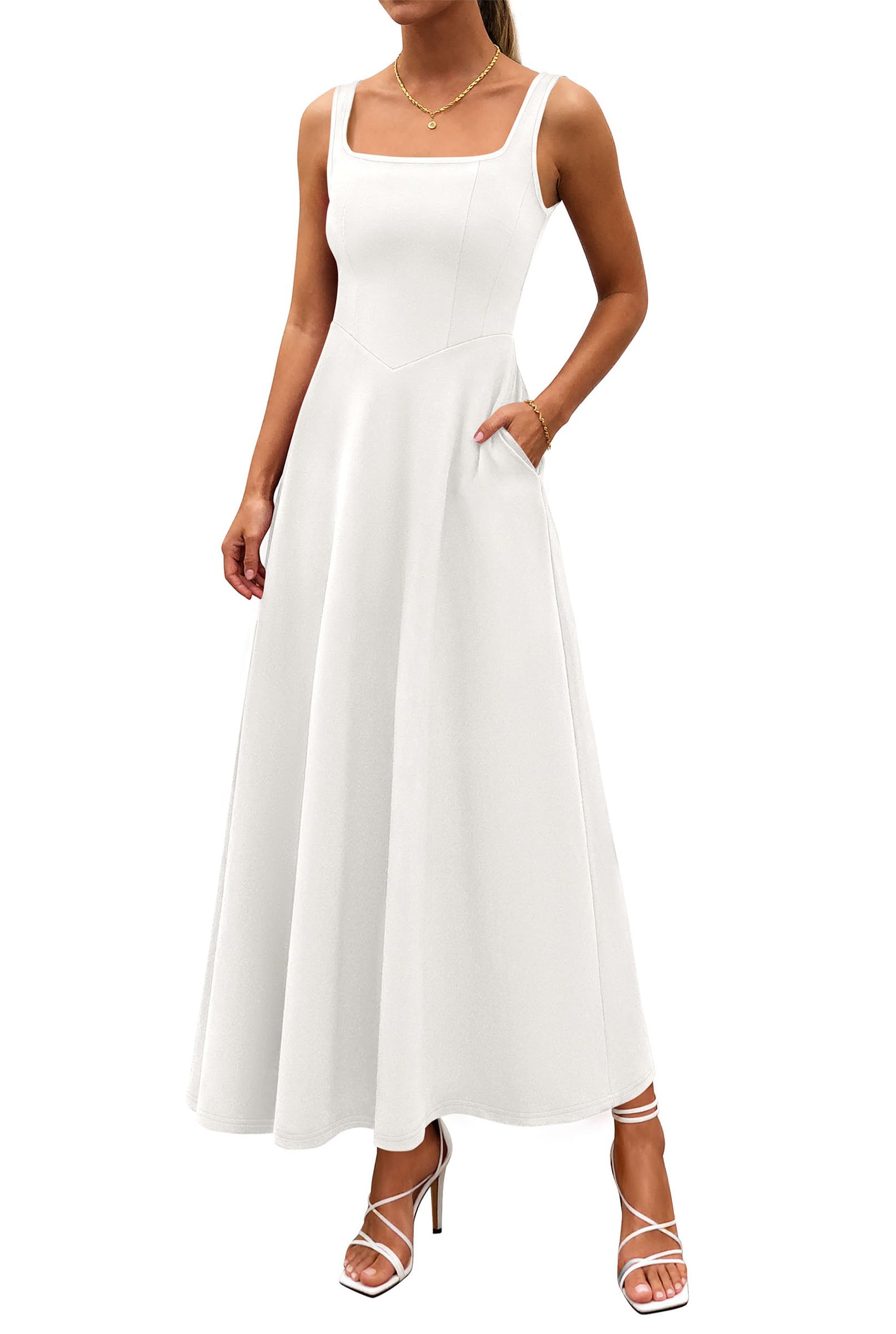 PRETTYGARDEN Womens Summer Dresses Sleeveless Elegant Square Neck Aline Swing Maxi Beach Wedding Guest Dress Pockets