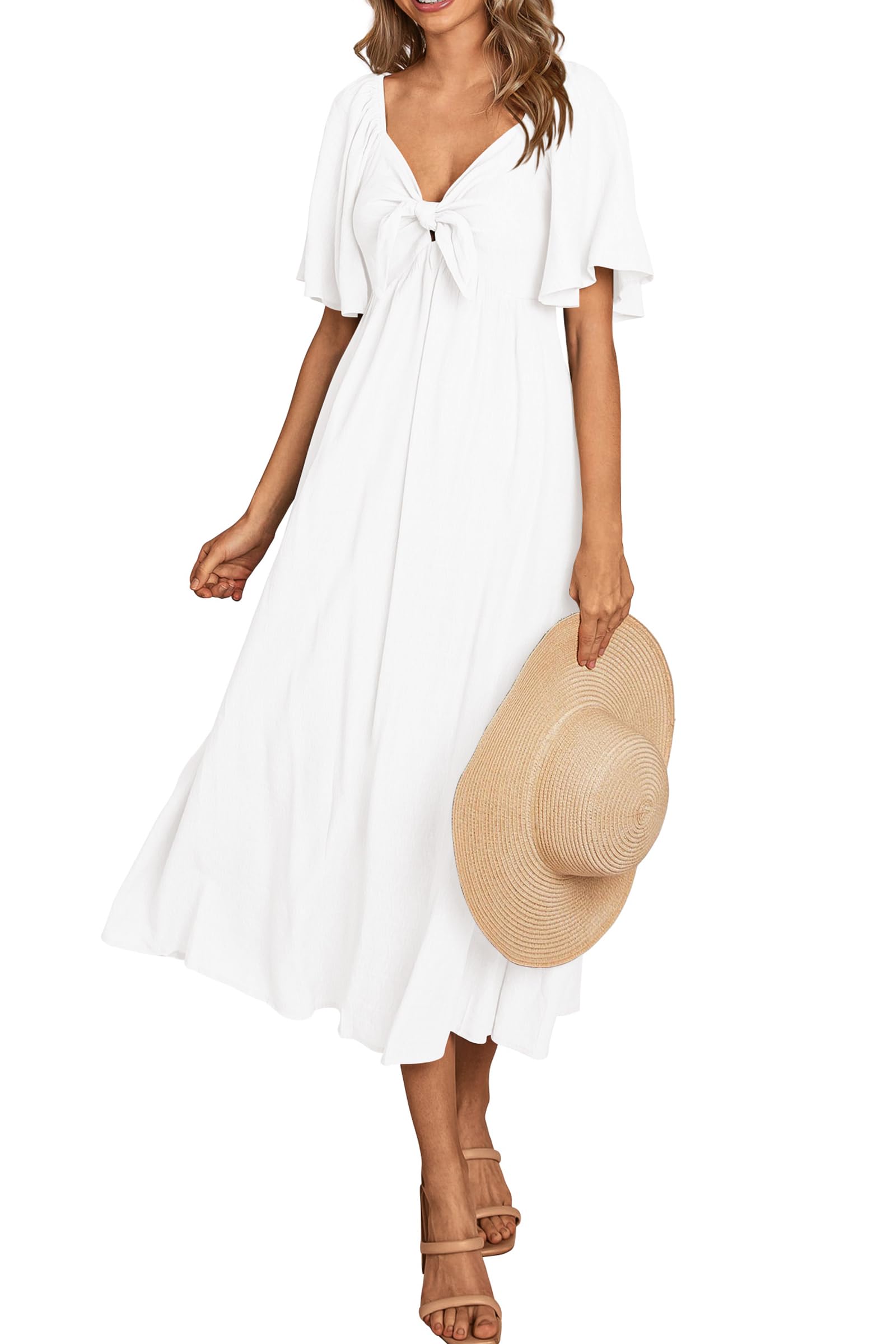 PRETTYGARDEN Summer Dress for Women Casual Short Sleeve Bow Tie V Neck Ruffle Midi Flowy Dresses