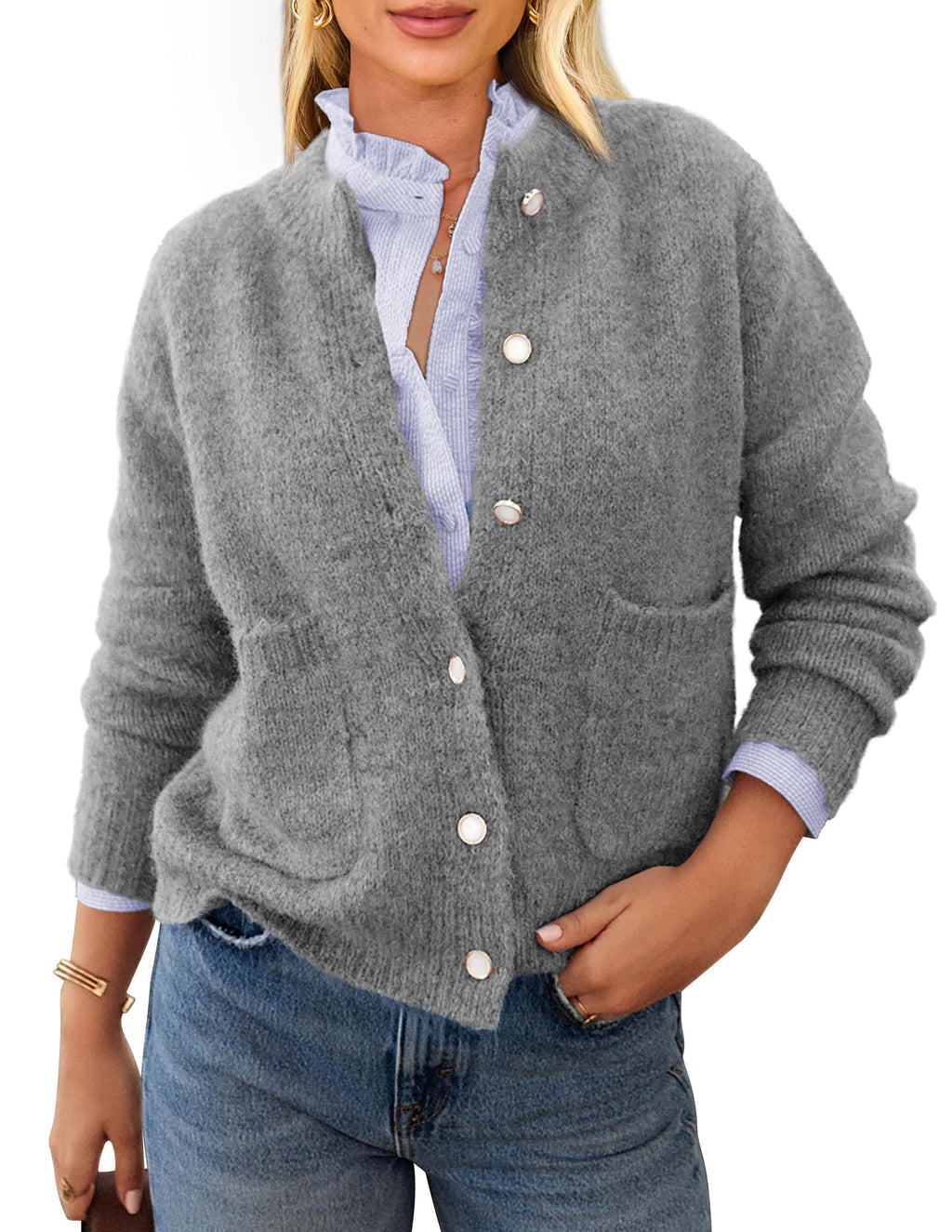PRETTYGARDEN Women's Knit Cardigan Sweaters Casual Long Sleeve Open Front Button Up Ribbed Fall Spring Sweater Jackets