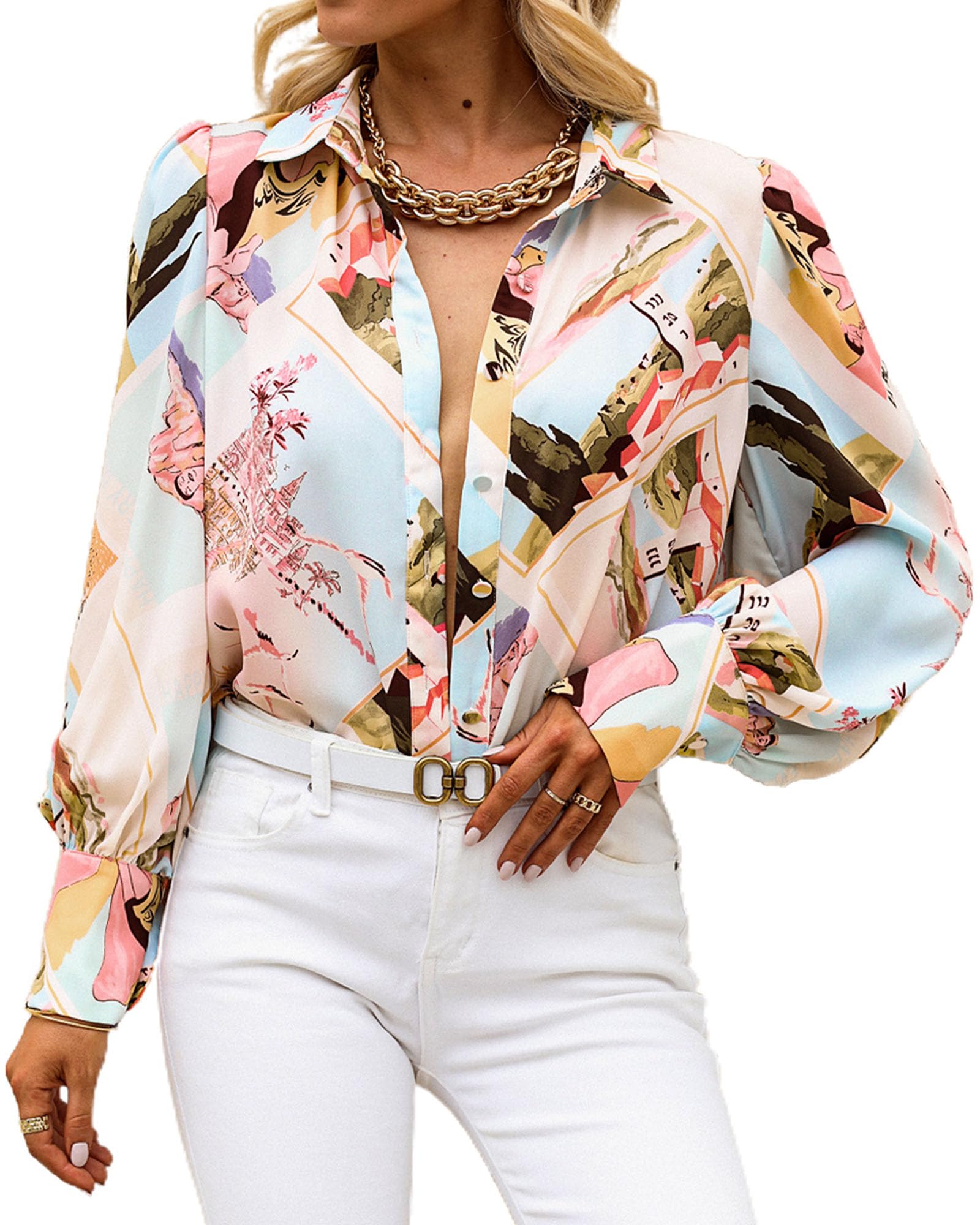 BTFBM Women Fashion Button Down Shirts V Neck Boho Printed Long Sleeve Blouses Dressy Casual Spring Fall Tops