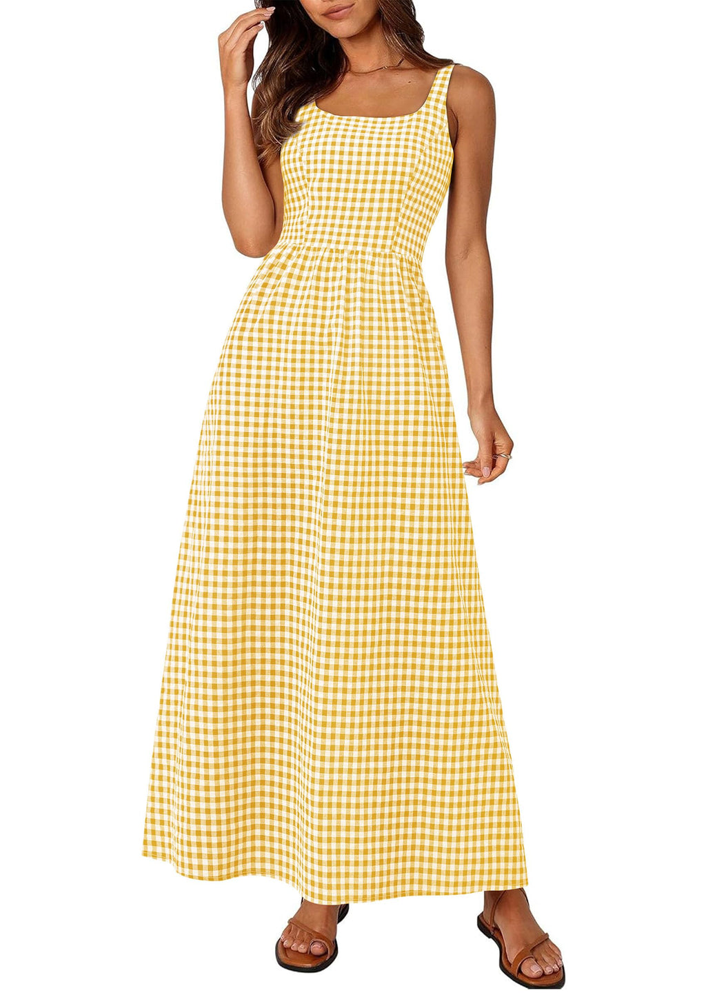 PRETTYGARDEN Women's Summer Spaghetti Strap Maxi Dresses Plaid Square Neck A Line Casual Beach Vacation Long Sundress