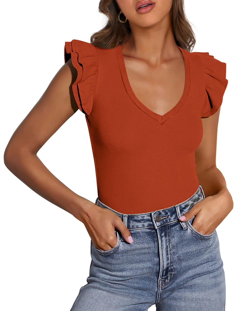PRETTYGARDEN Womens V Neck Summer Tops Ruffle Sleeveless Slim Fit T Shirts Going Out Casual Blouses