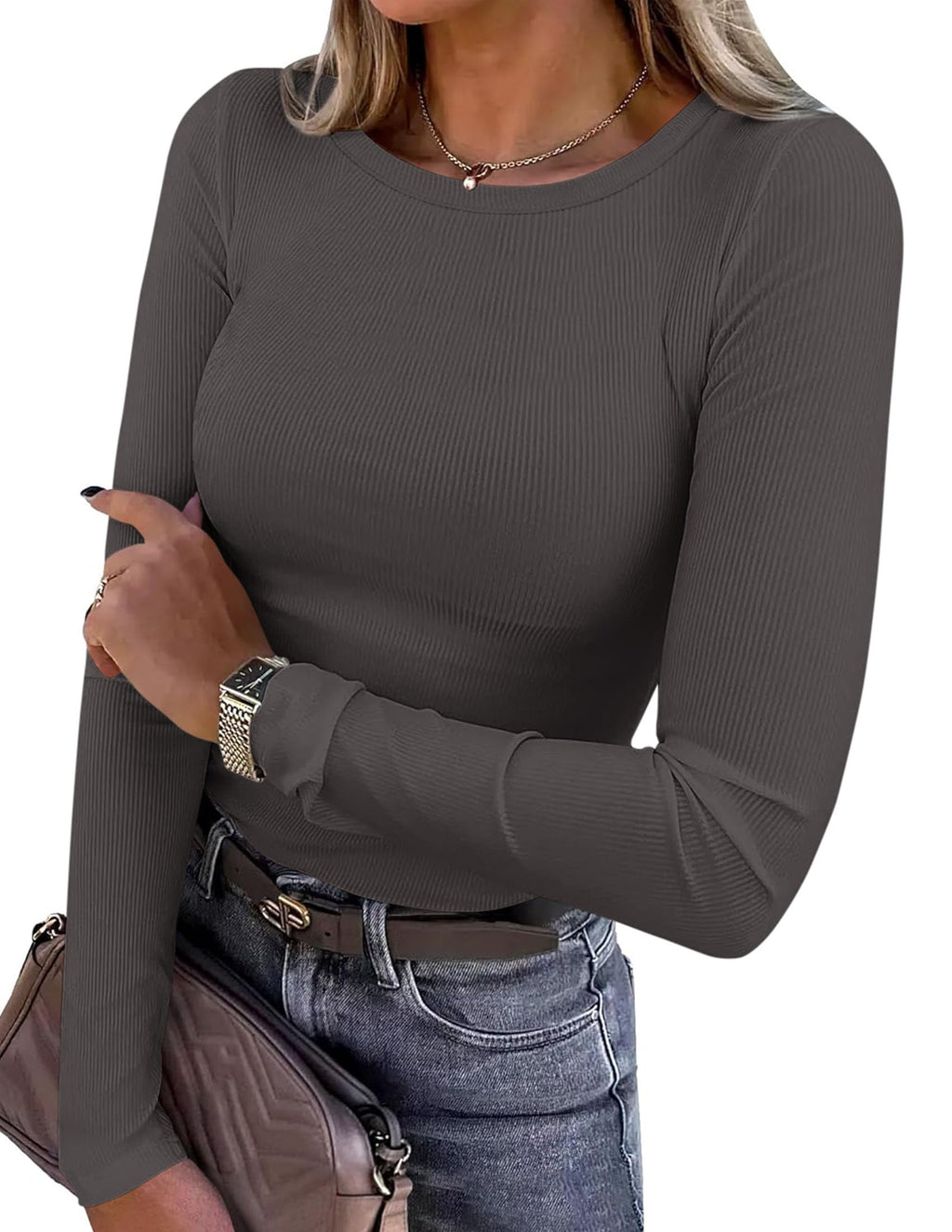 PRETTYGARDEN Women Fall Clothes Long Sleeve Shirts Ribbed Knit Fitted Basic Tee Going Out Tops Underscrub Casual Outfits