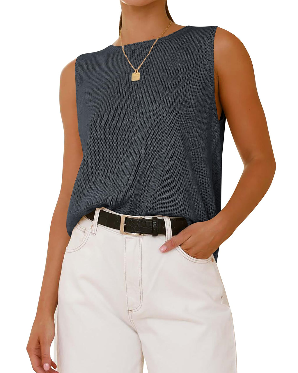 FreshPretty Women's Sleeveless Sweater Vest Summer Crew Neck Ribbed Knit Lightweight Pullover Casual Loose Fit Tank Tops
