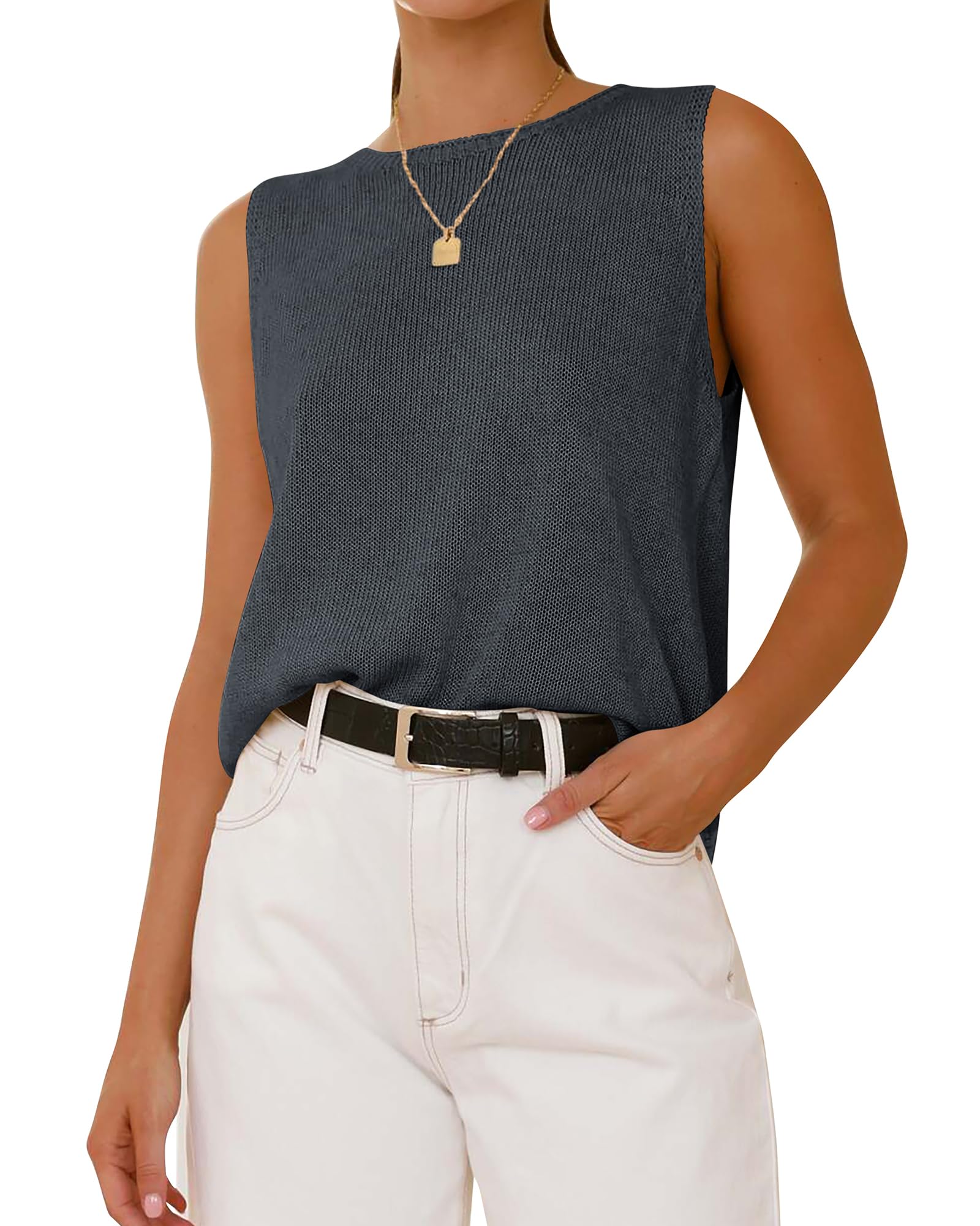 FreshPretty Women's Sleeveless Sweater Vest Summer Crew Neck Ribbed Knit Lightweight Pullover Casual Loose Fit Tank Tops
