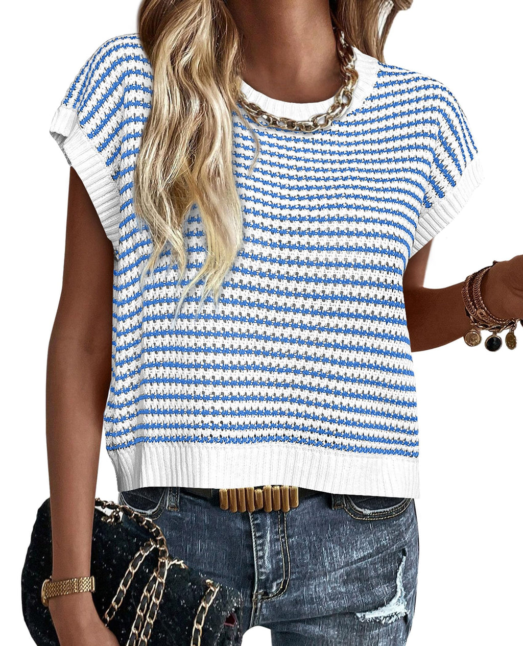 PRETTYGARDEN Womens Short Sleeve Sweater Spring Summer Round Neck Striped Pullover Cap Sleeve Knit Sweater Vest Tops