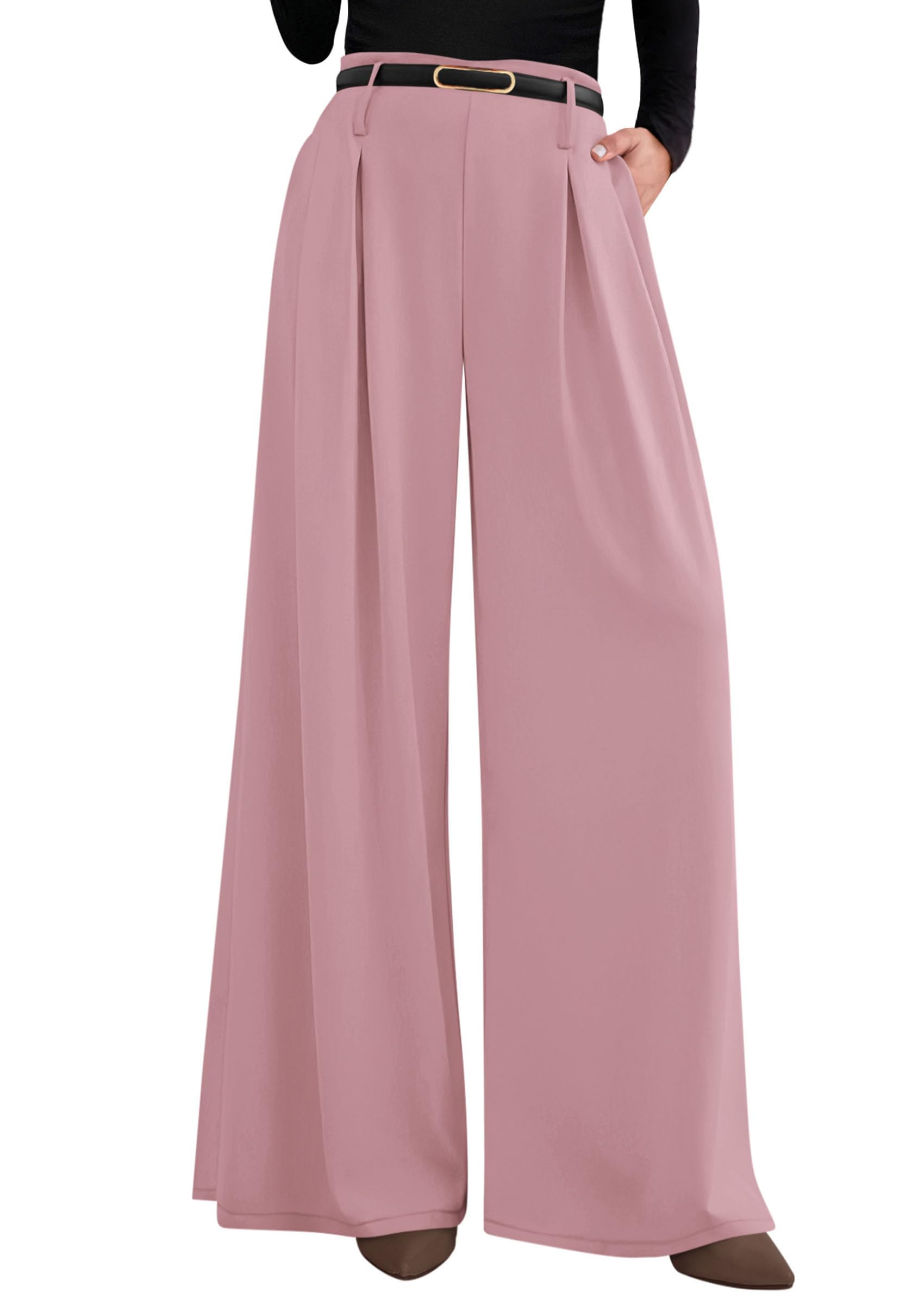 PRETTYGARDEN Womens Spring Wide Leg Trousers High Elastic Waist Loose Pleated Long Flowy Palazzo Work Pants with Pockets