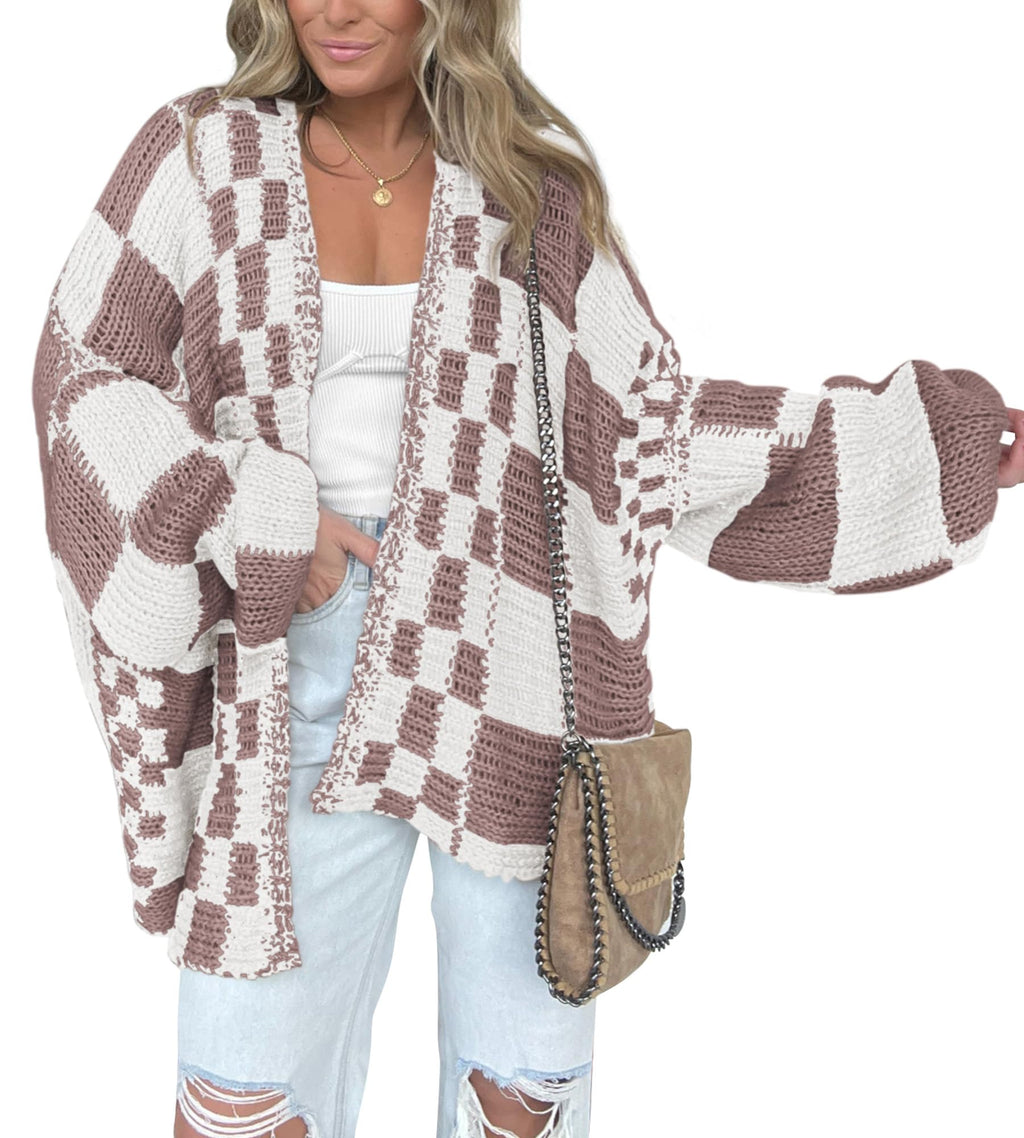 BTFBM Casual Cardigan Sweater for Women Fall Long Sleeve Sweaters Fall Outfits, Loose Fit,Solid,Open Front Chunky Knit Sweaters,Chunky Cardigan Sweaters For Women,Checkered Outwear Coat