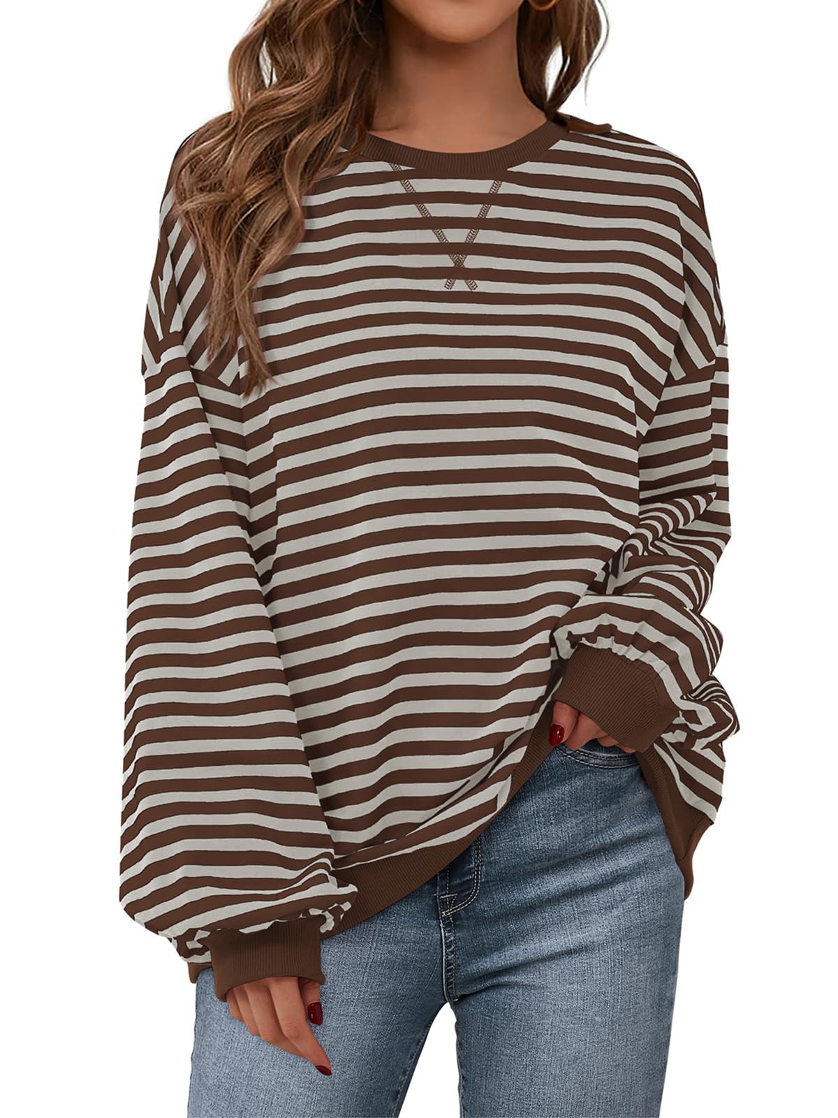 PRETTYGARDEN Womens Striped Oversized Sweatshirt Color Block Crew Neck Long Sleeve Casual Loose Pullover Top Y2K Clothes