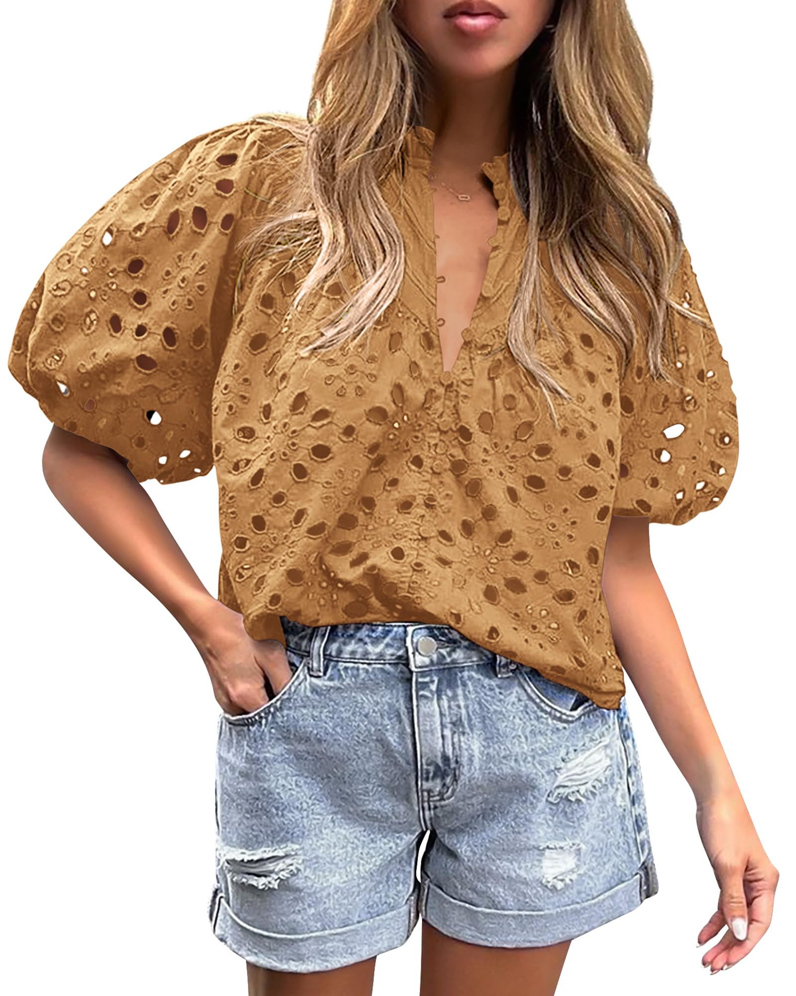 PRETTYGARDEN Women's Summer Tops Dressy Casual Short Sleeve V Neck Buttons Hollow Out Lace Embroidered Blouses Shirts