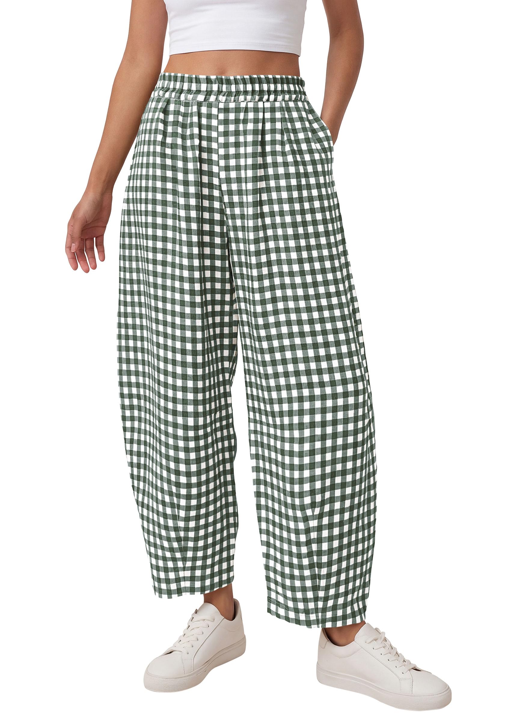 PRETTYGARDEN Plaid Barrel Pants Women Summer Casual Loose Wide Leg Lounge Gingham Trousers Spring Fashion Beach Bottoms