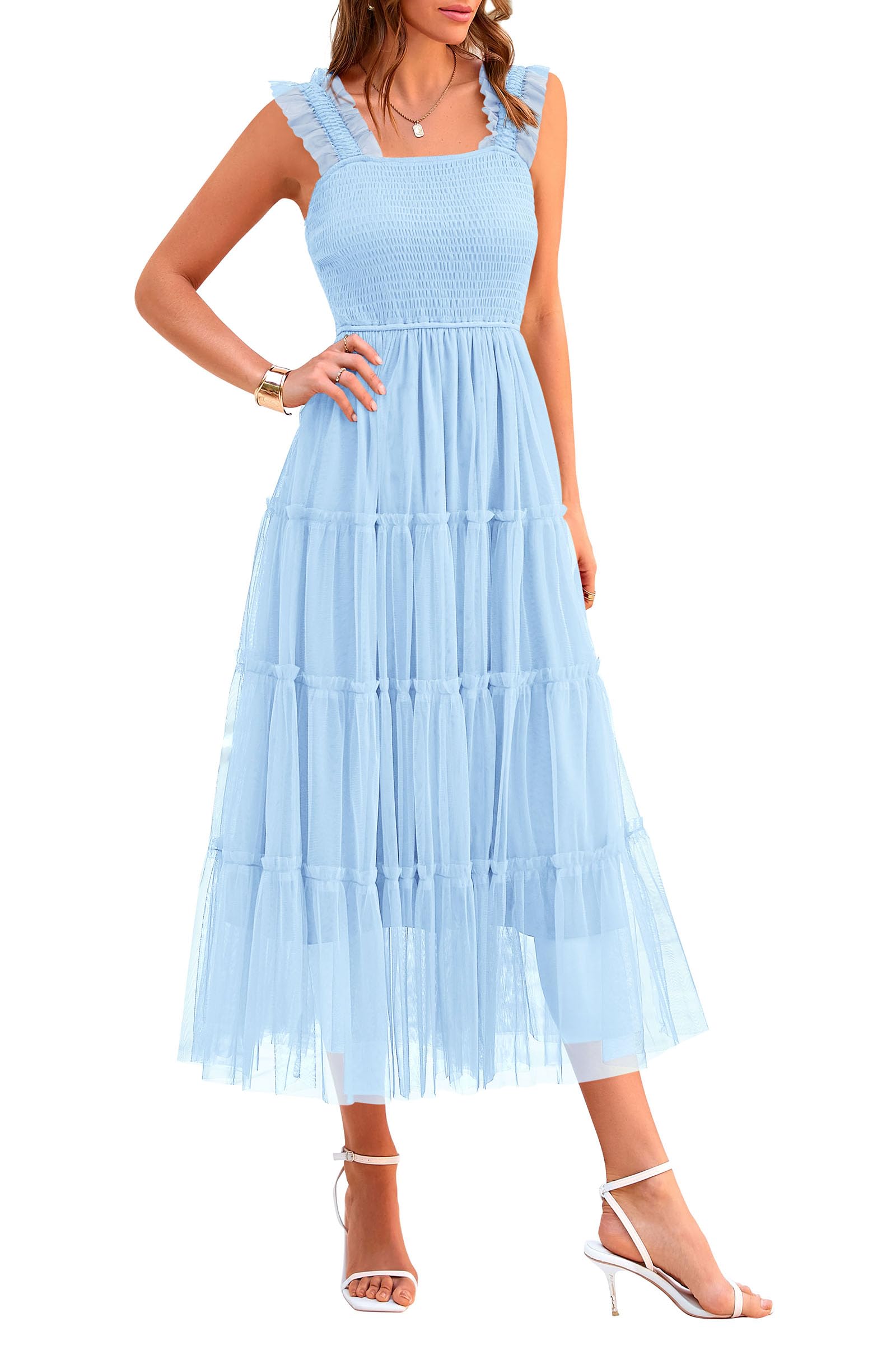 PRETTYGARDEN Women's Summer Tulle Midi Dress Sleeveless Smocked Ruffle Flowy Mesh Dresses Party Wedding Guest Sundress