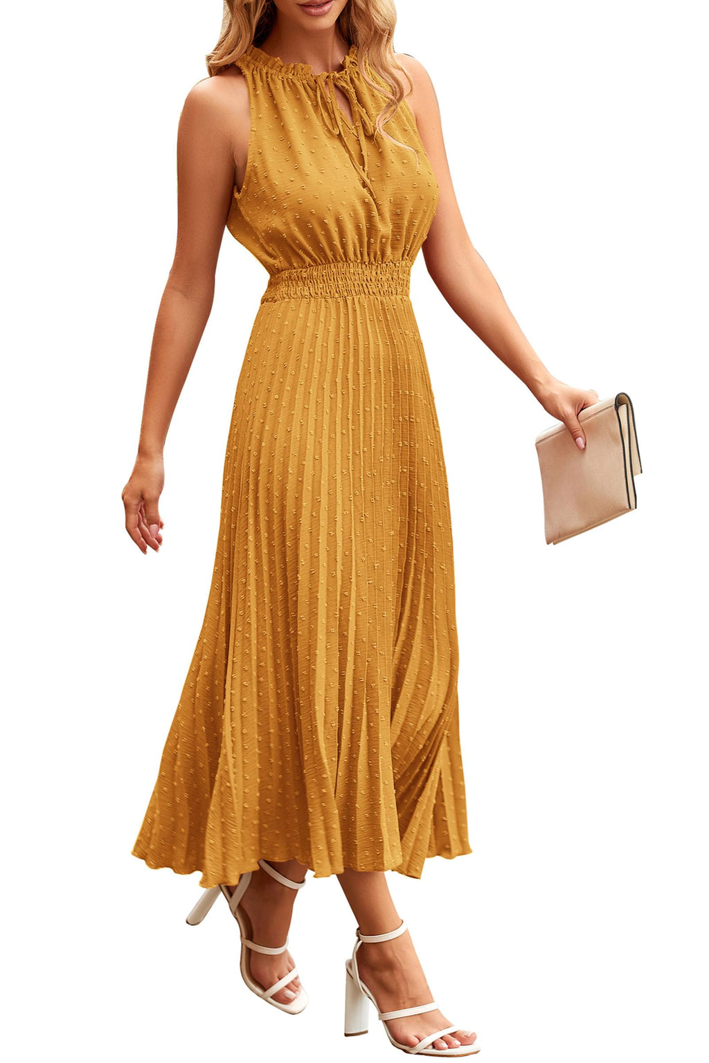 PRETTYGARDEN Women's Midi Summer Dresses Casual V Neck Swiss Dot Ruffle Sleeveless A Line Beach Sun Dress