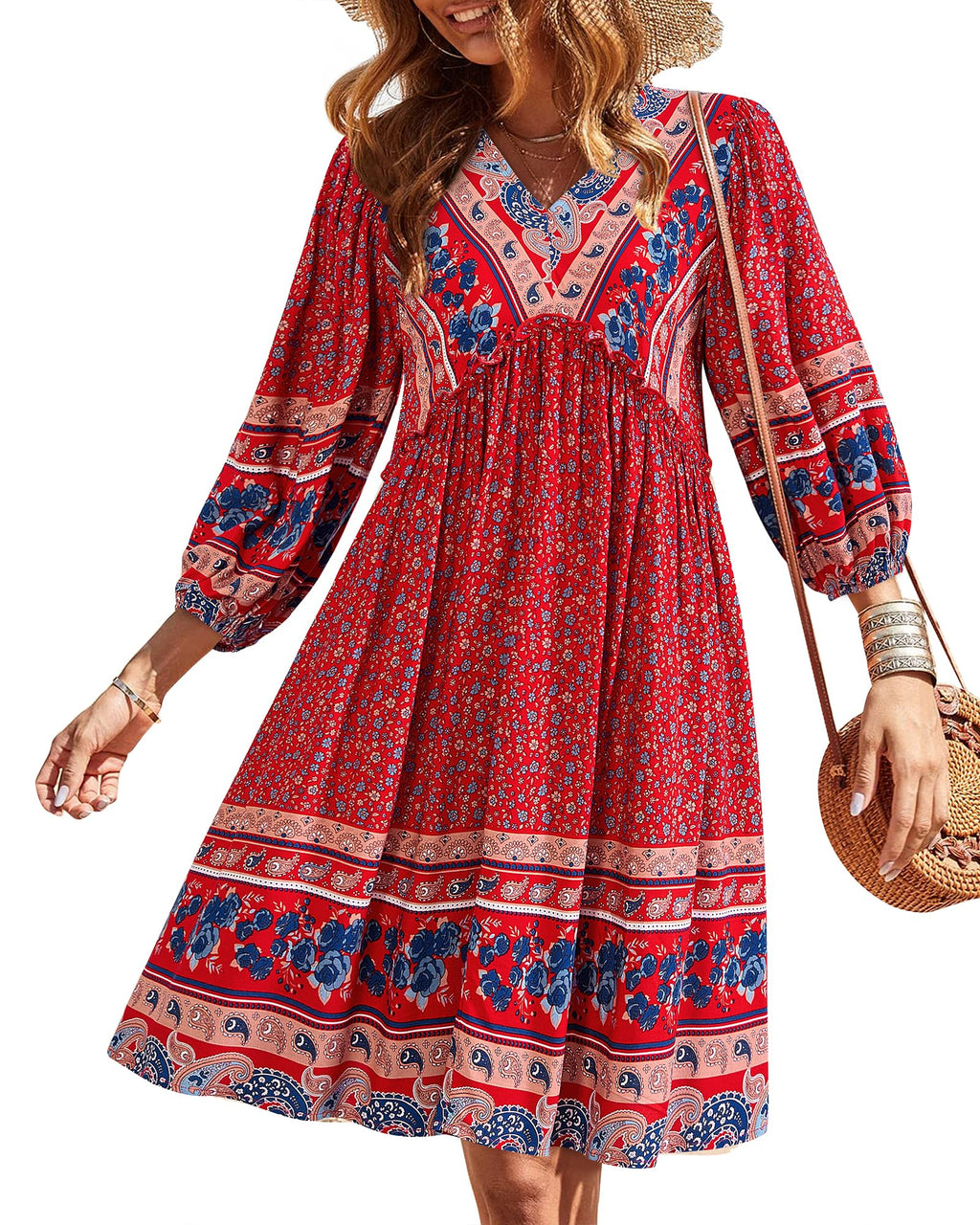 BTFBM Women Casual Spring Summer Dresses V Neck 3/4 Long Sleeve Ruffle Floral Flowy Boho Babydoll Mini Short Beach Dress