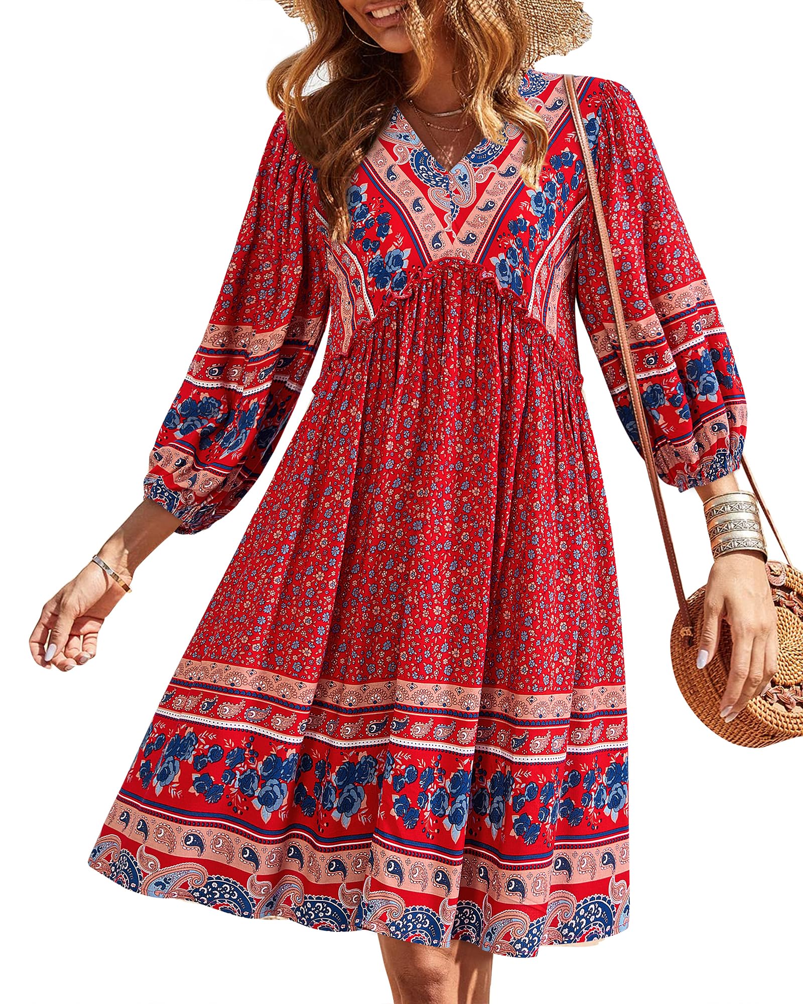 BTFBM Women Casual Spring Summer Dresses V Neck 3/4 Long Sleeve Ruffle Floral Flowy Boho Babydoll Mini Short Beach Dress