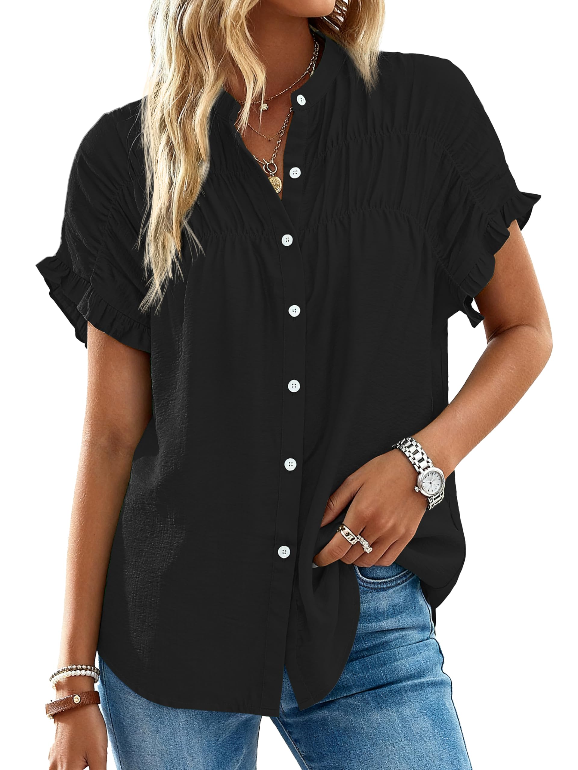 FreshPretty Womens Button Down Shirts Ruffle Short Sleeve Loose Summer Tops Dressy Casual V Neck Business Work Blouses
