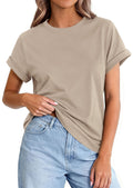 PRETTYGARDEN Womens Summer Tops Spring Casual Rolled Short Sleeve Basic Tees Crew Neck Work Shirts Fashion Clothing