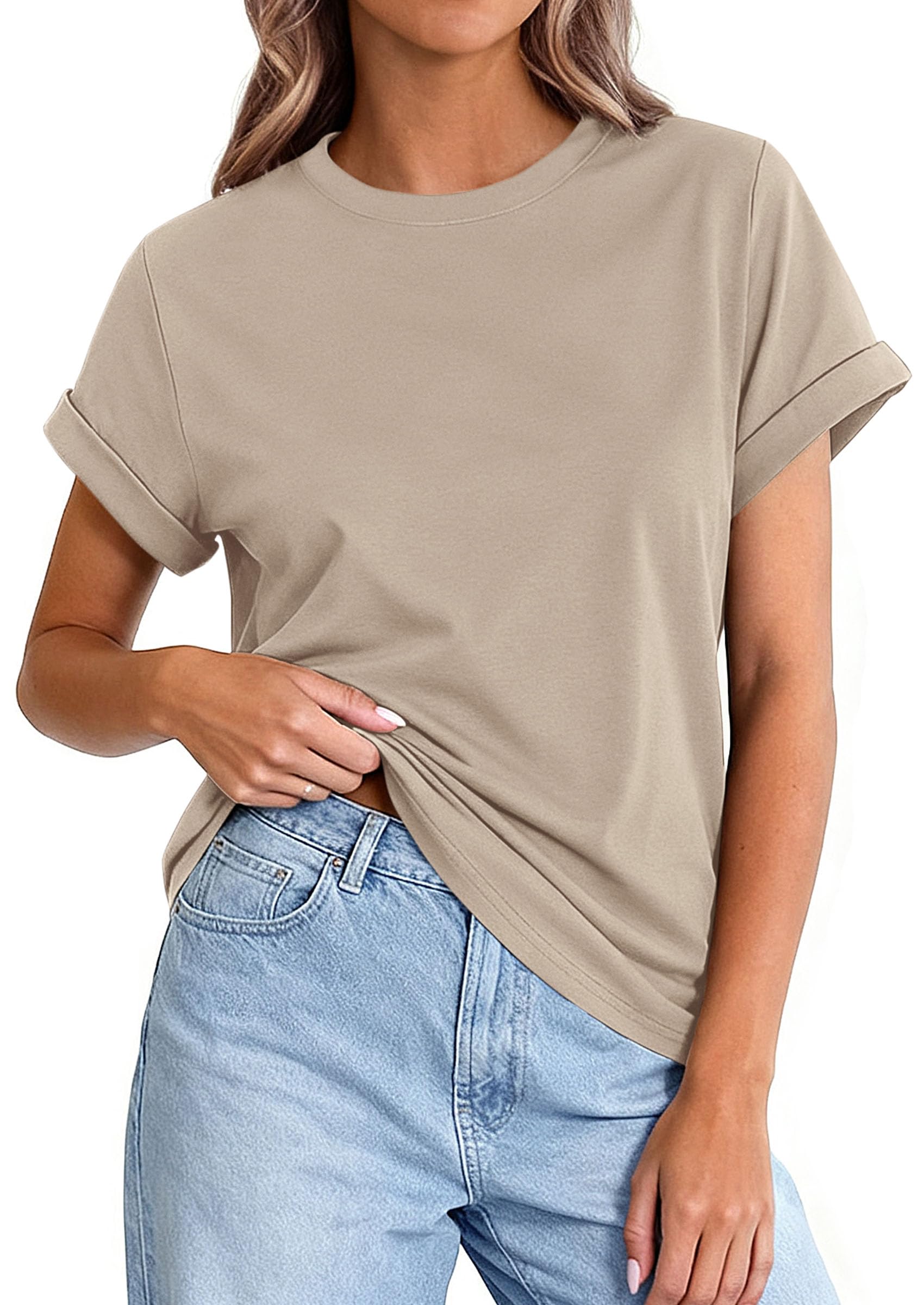 PRETTYGARDEN Womens Summer Tops Spring Casual Rolled Short Sleeve Basic Tees Crew Neck Work Shirts Fashion Clothing