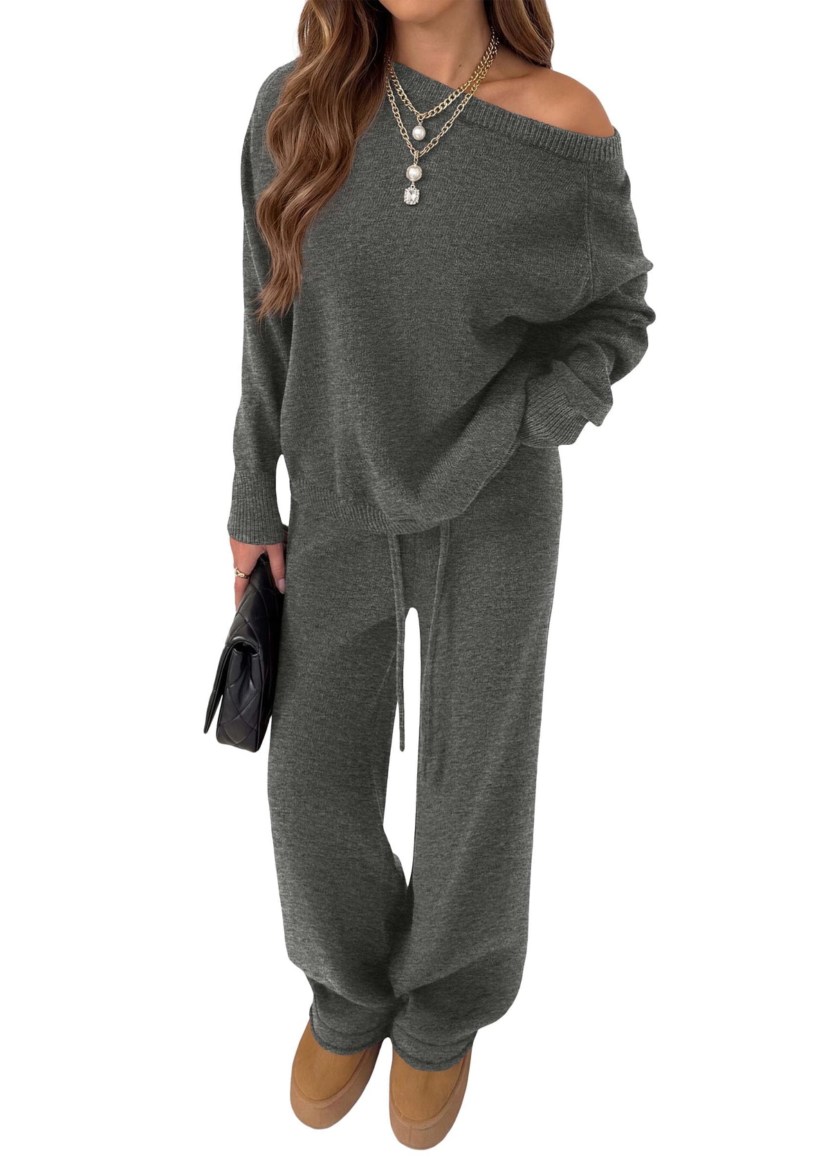 PRETTYGARDEN Lounge Sets Womens Sweaters Two Piece Outfits Cozy Boat Neck Long Sleeve Tops, Wide Leg Pants with Drawstring, Casual Fall Fashion Airport & Travel, Knit Matching Set