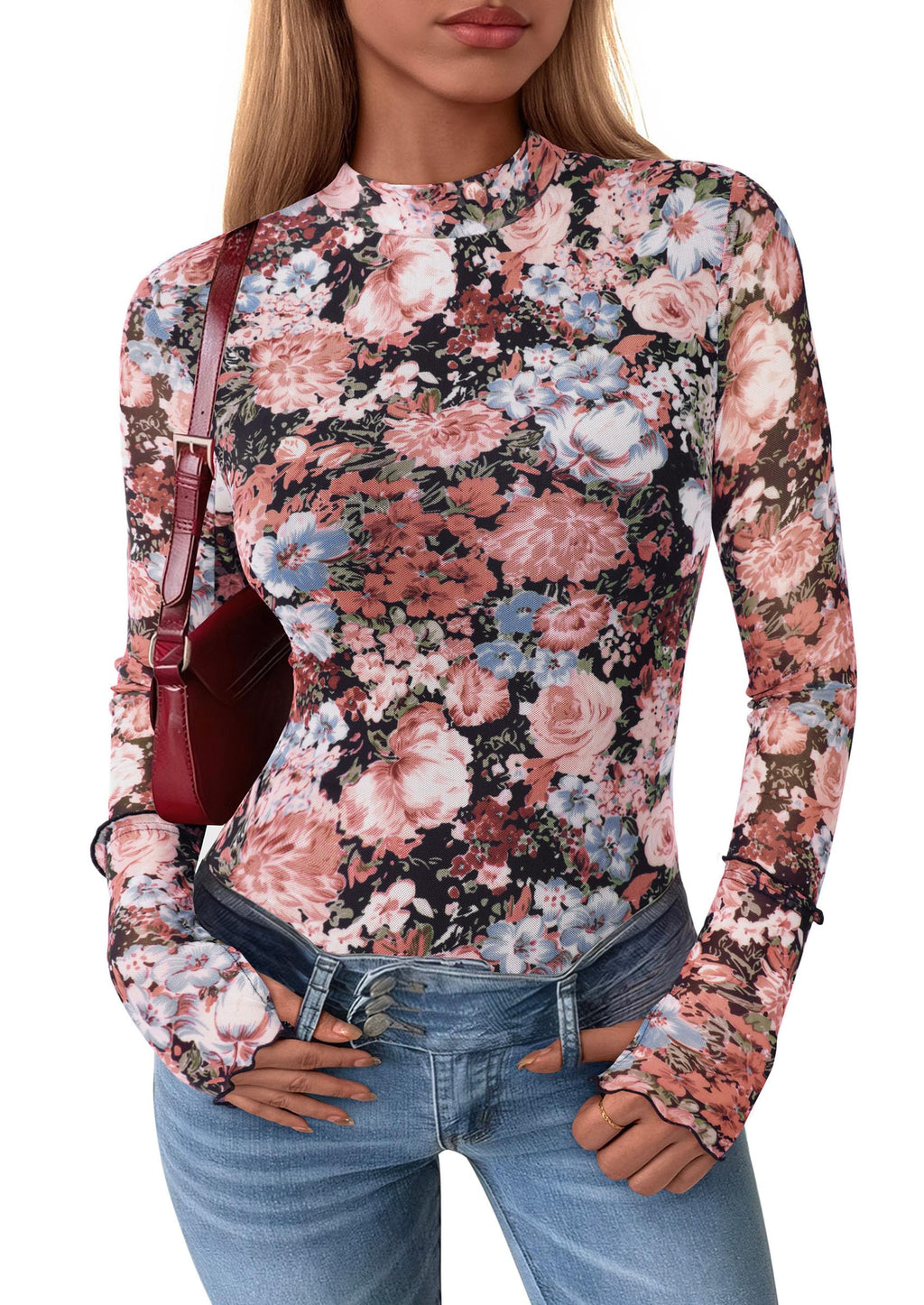 PRETTYGARDEN Womens Fall Mesh Floral Blouses Long Sleeve Going Out Tops Slim Fitted Shirts Date Night Outfits
