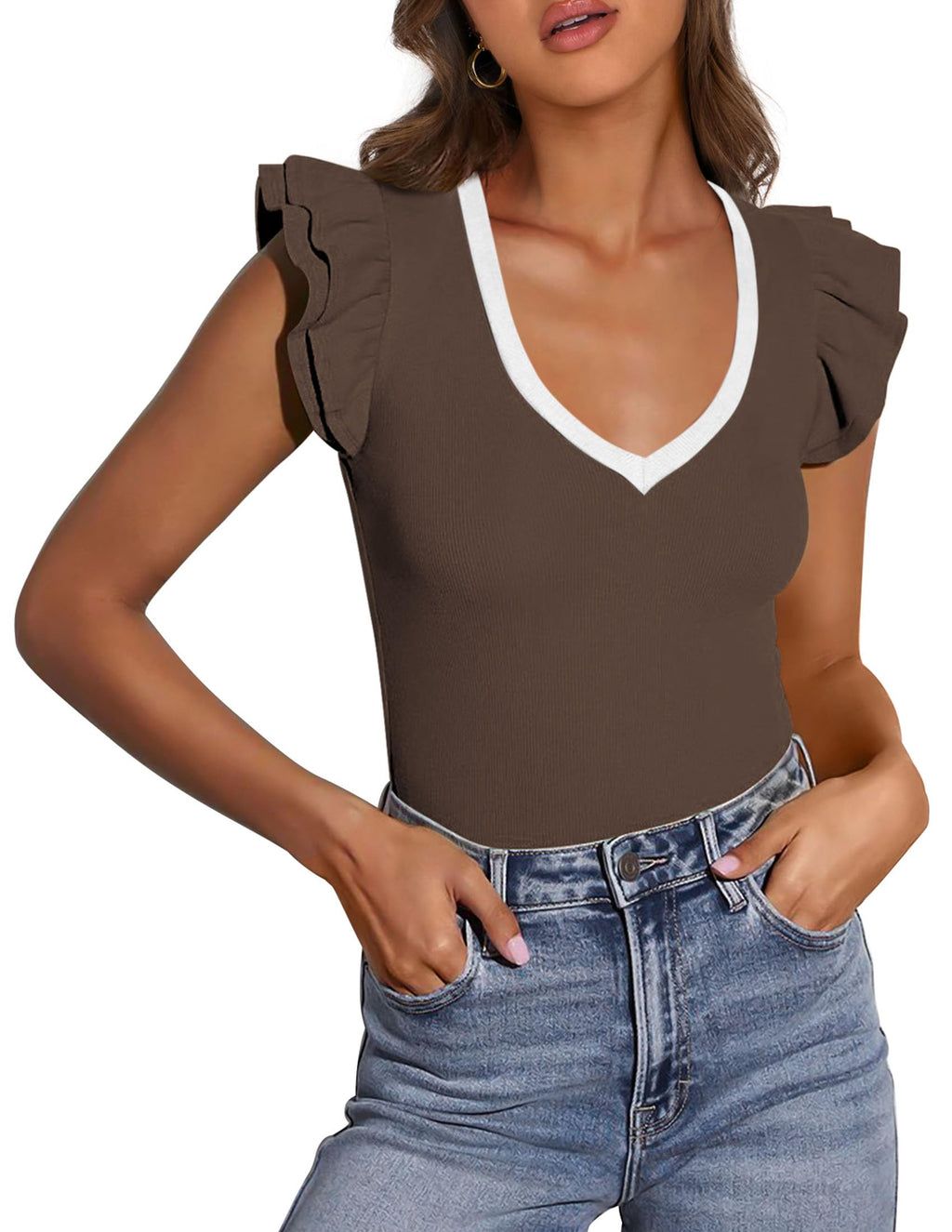 PRETTYGARDEN Womens V Neck Summer Tops Ruffle Sleeveless Slim Fit T Shirts Going Out Casual Blouses