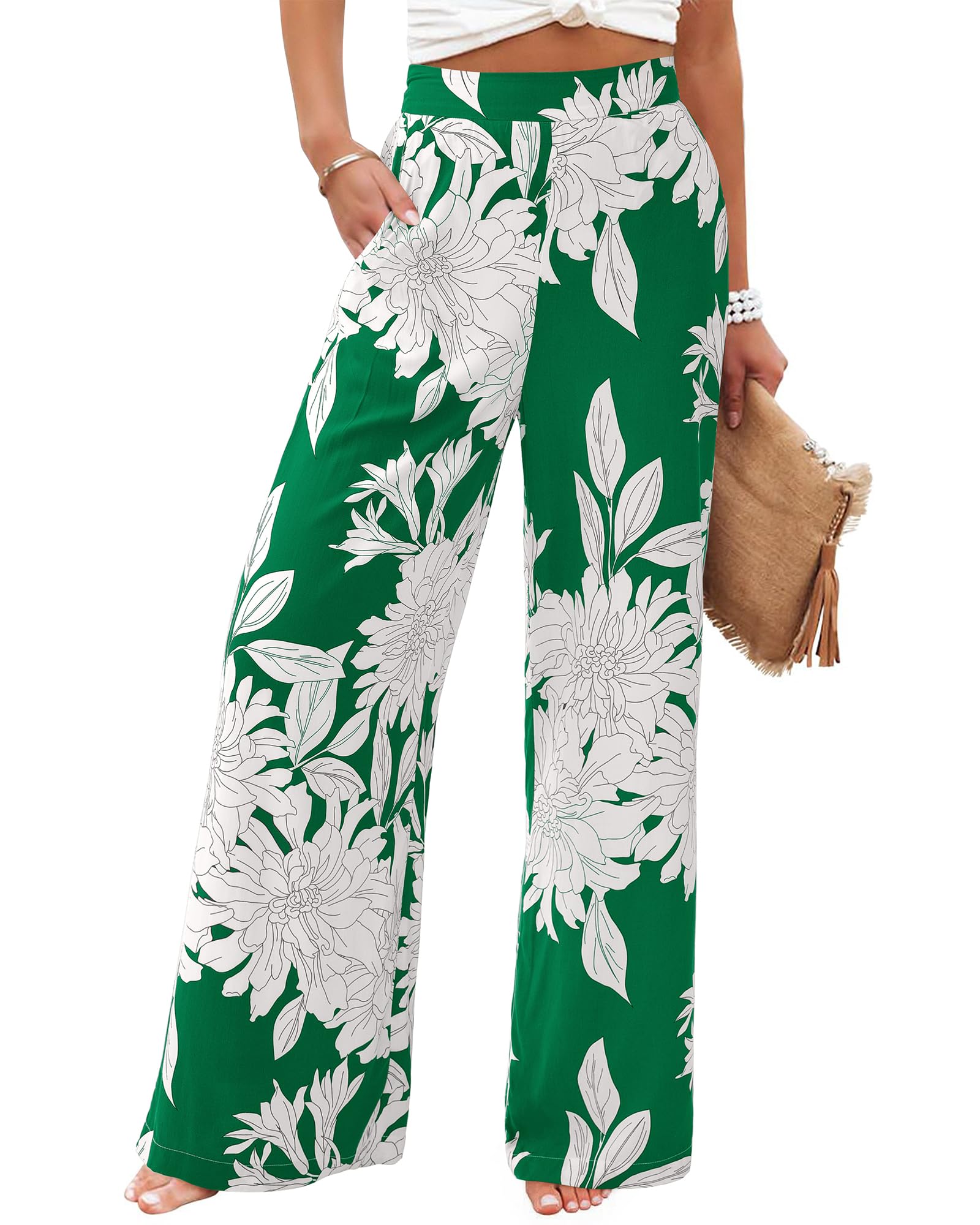 FreshPretty Womens Wide Leg Summer Pants Boho Beach Vacation Loose Elastic Waist Printed Palazzo Pant Pockets
