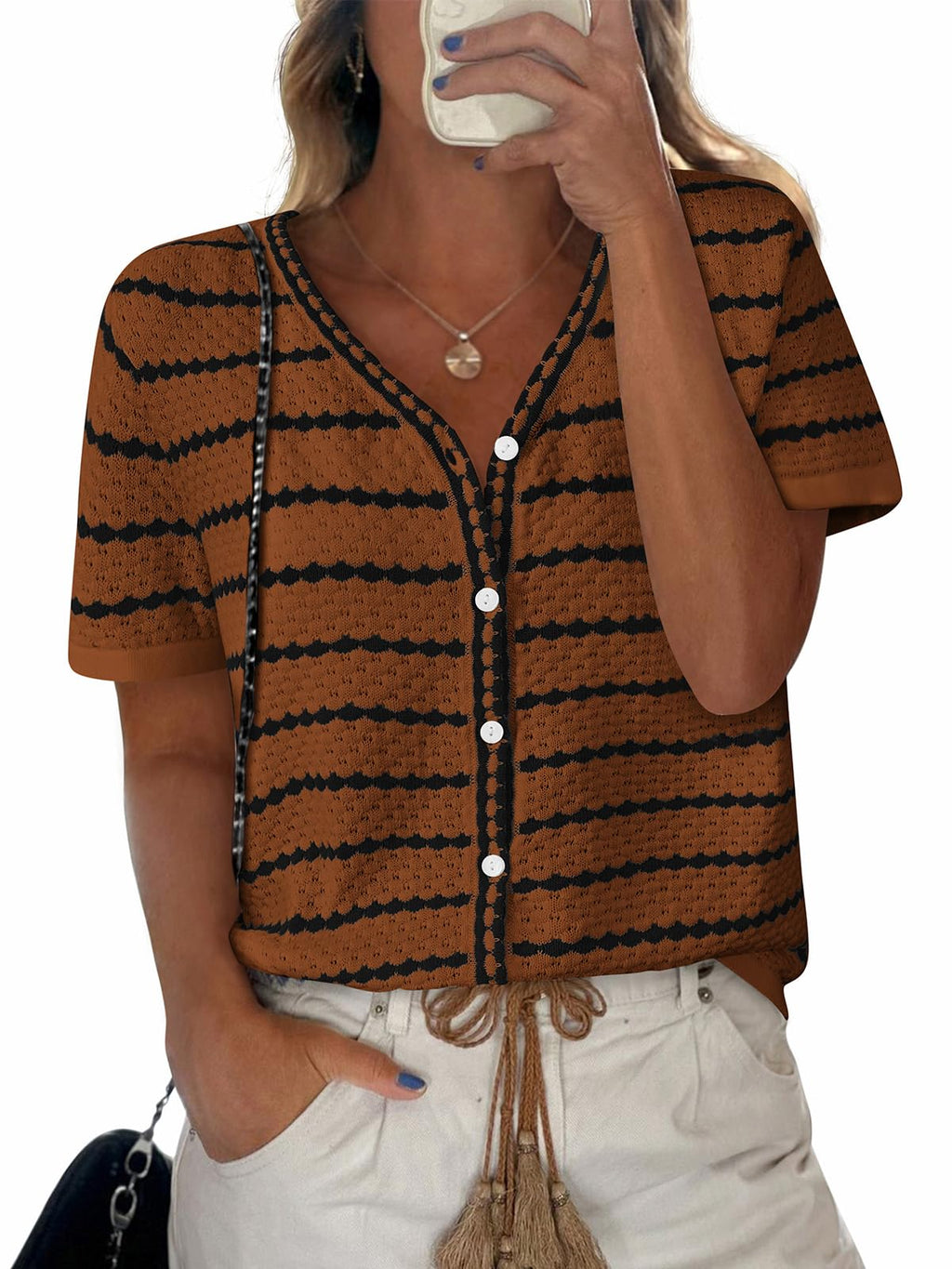 FreshPretty Women's Short Sleeve Sweater Spring Summer Crochet Knit Tops V Neck Striped Button Down Dressy Casual Blouses