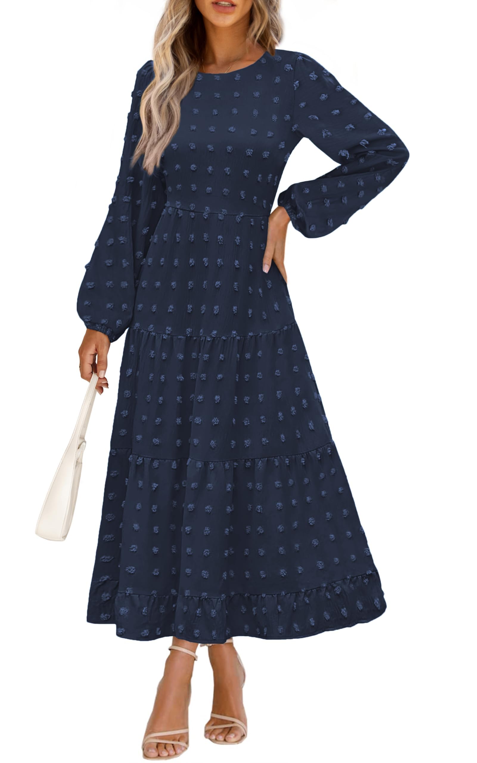 PRETTYGARDEN Women's Fall Spring Elegant Long Sleeve Maxi Dress Swiss Dot A Line Flowy Casual Holiday Party Going Out Dresses