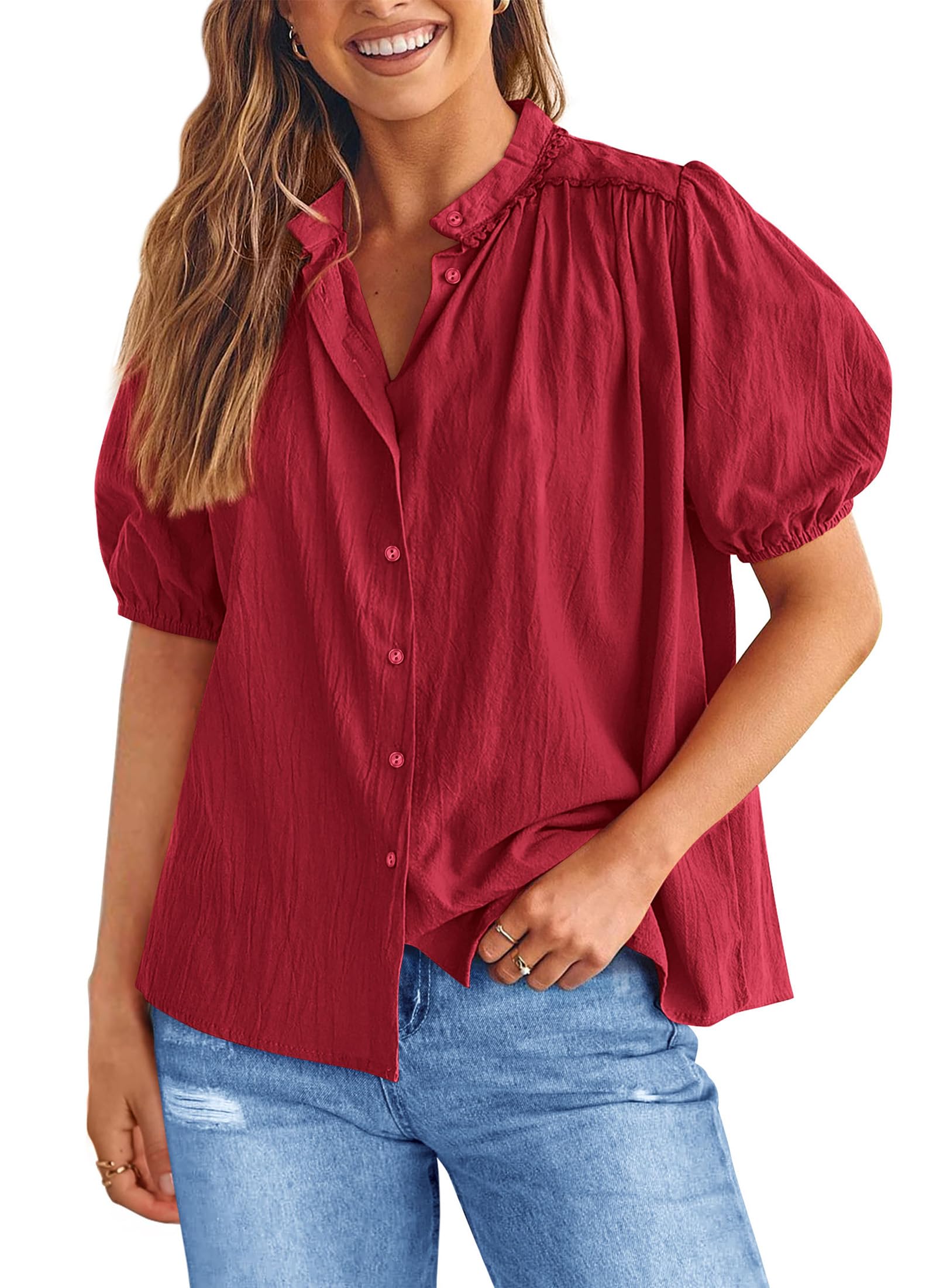 PRETTYGARDEN Women's Summer Button Down Shirts Short Lantern Sleeve V Neck Cotton Cute Dressy Casual Ladies Tops Blouses