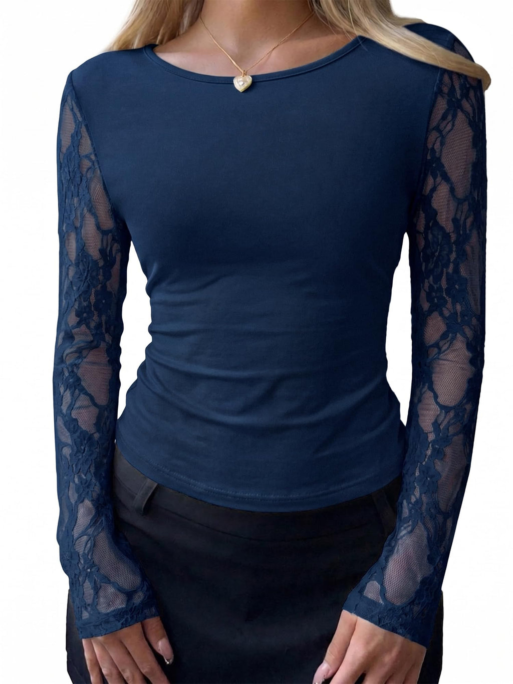 BTFBM Fall Tops for Women Sheer Lace Long Sleeve Top Slim Fit Blouses Crew Neck, Lightweight Basic Tees, See Through Layering Top, Sexy Fashion Clothing, Party Club Date Night Going Out Outfits