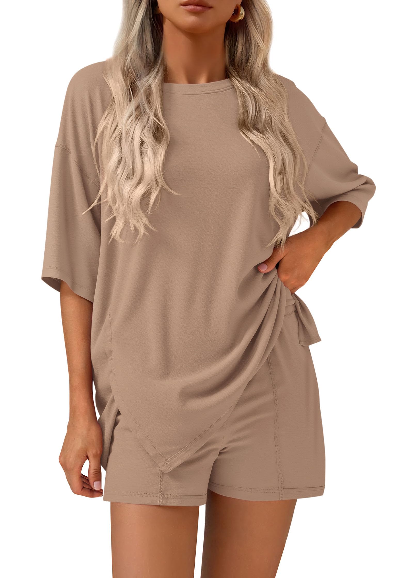 FreshPretty 2 Piece Sets for Women Summer Lounge Sets Casual Oversized Tshirts Shorts Matching Airport Travel Outfits Postpartum