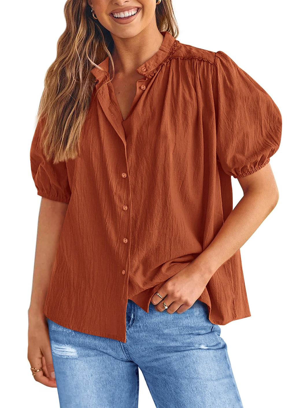 PRETTYGARDEN Women's Summer Button Down Shirts Short Lantern Sleeve V Neck Cotton Cute Dressy Casual Ladies Tops Blouses